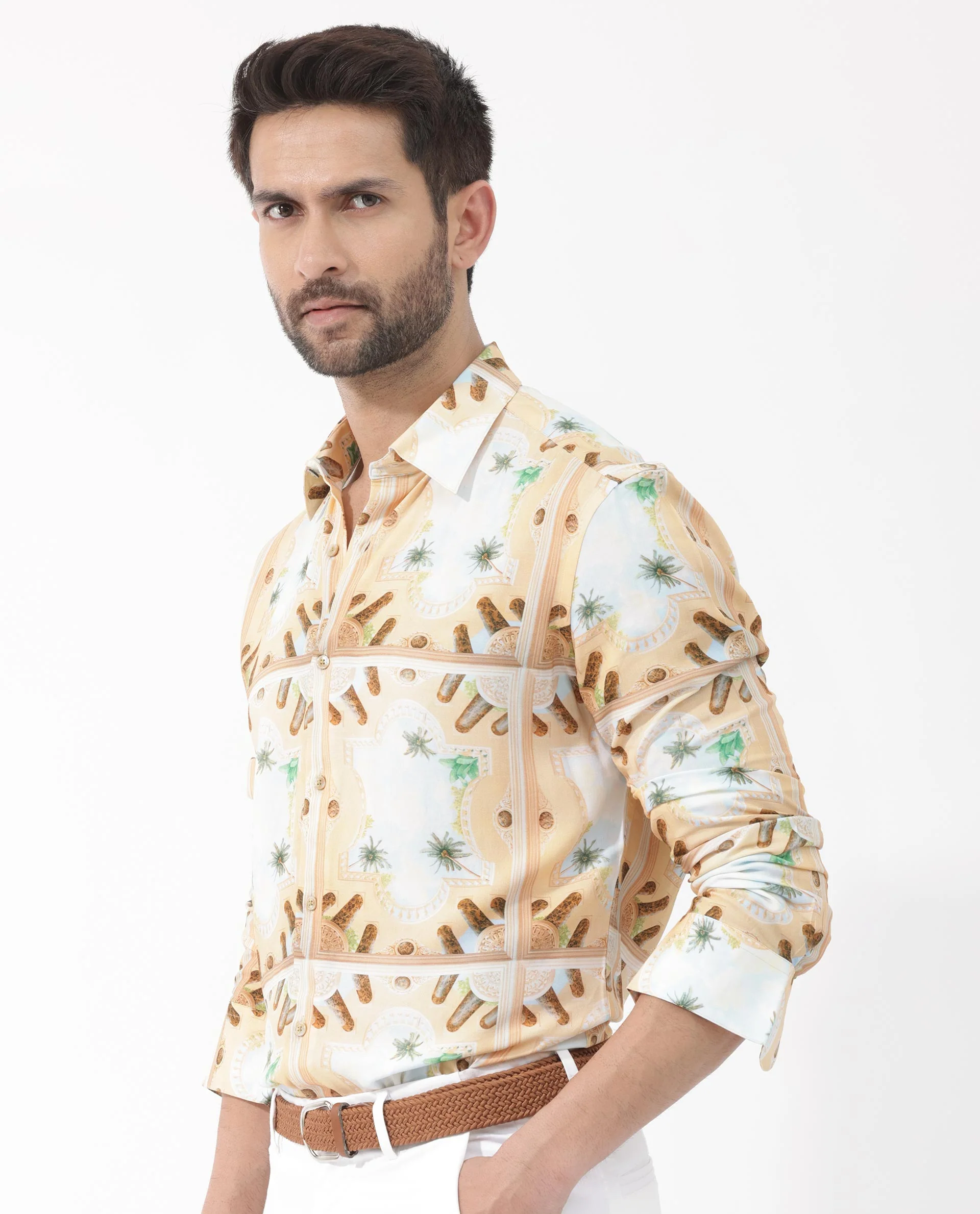 Rare Rabbit Men's Stivole Beige Viscose Tropical Print Regular Fit Full Sleeve Collared Shirt - Image 7