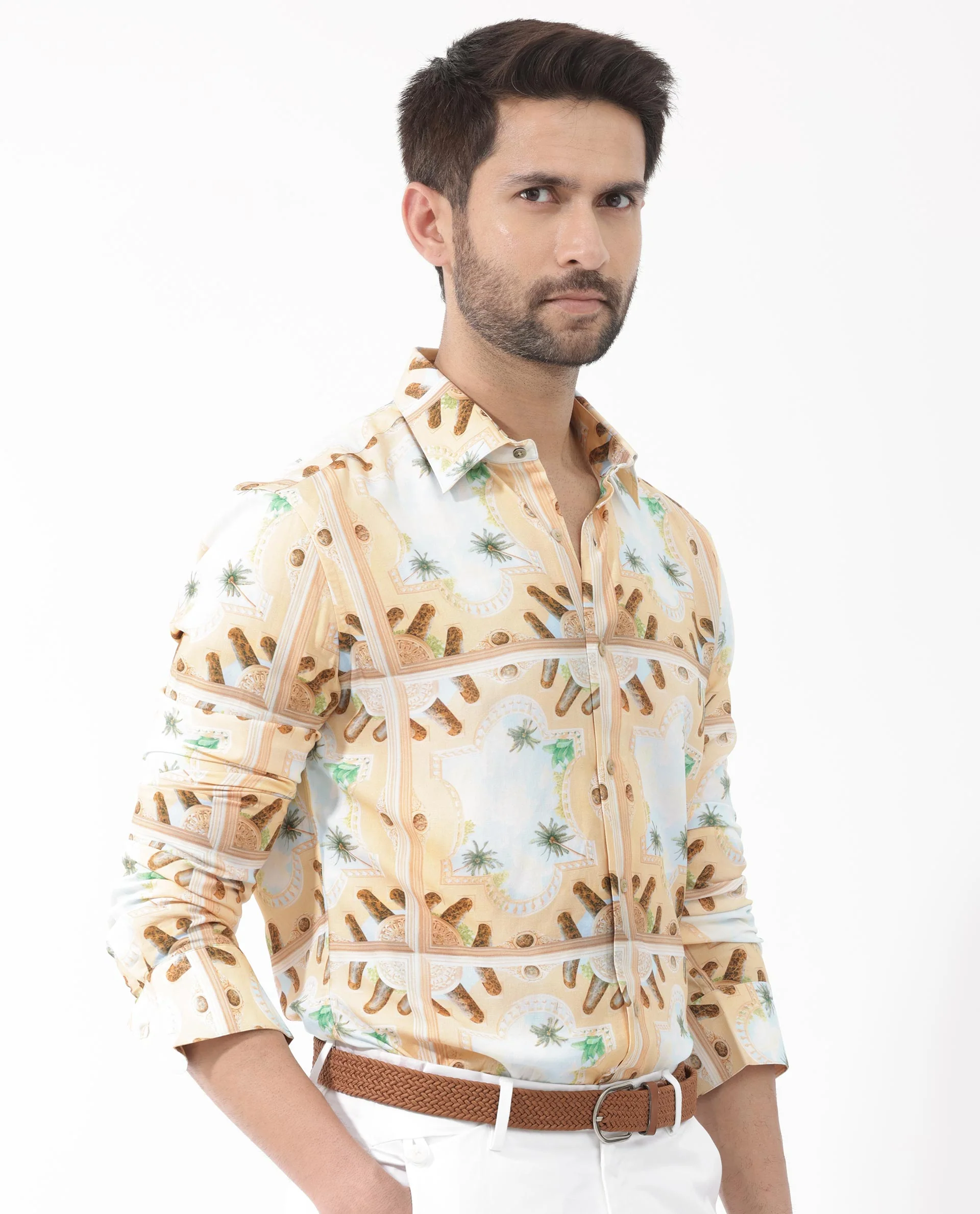 Rare Rabbit Men's Stivole Beige Viscose Tropical Print Regular Fit Full Sleeve Collared Shirt - Image 8