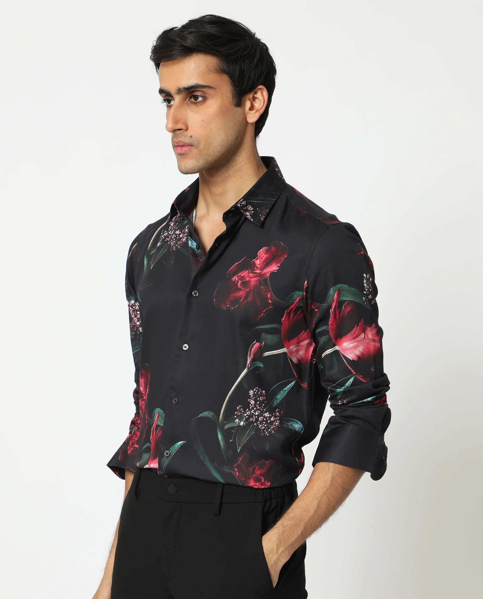 Rare Rabbit Men's Stock Black Cotton Floral Print Regular Fit Full Sleeve Spread Collar Shirt - Image 10