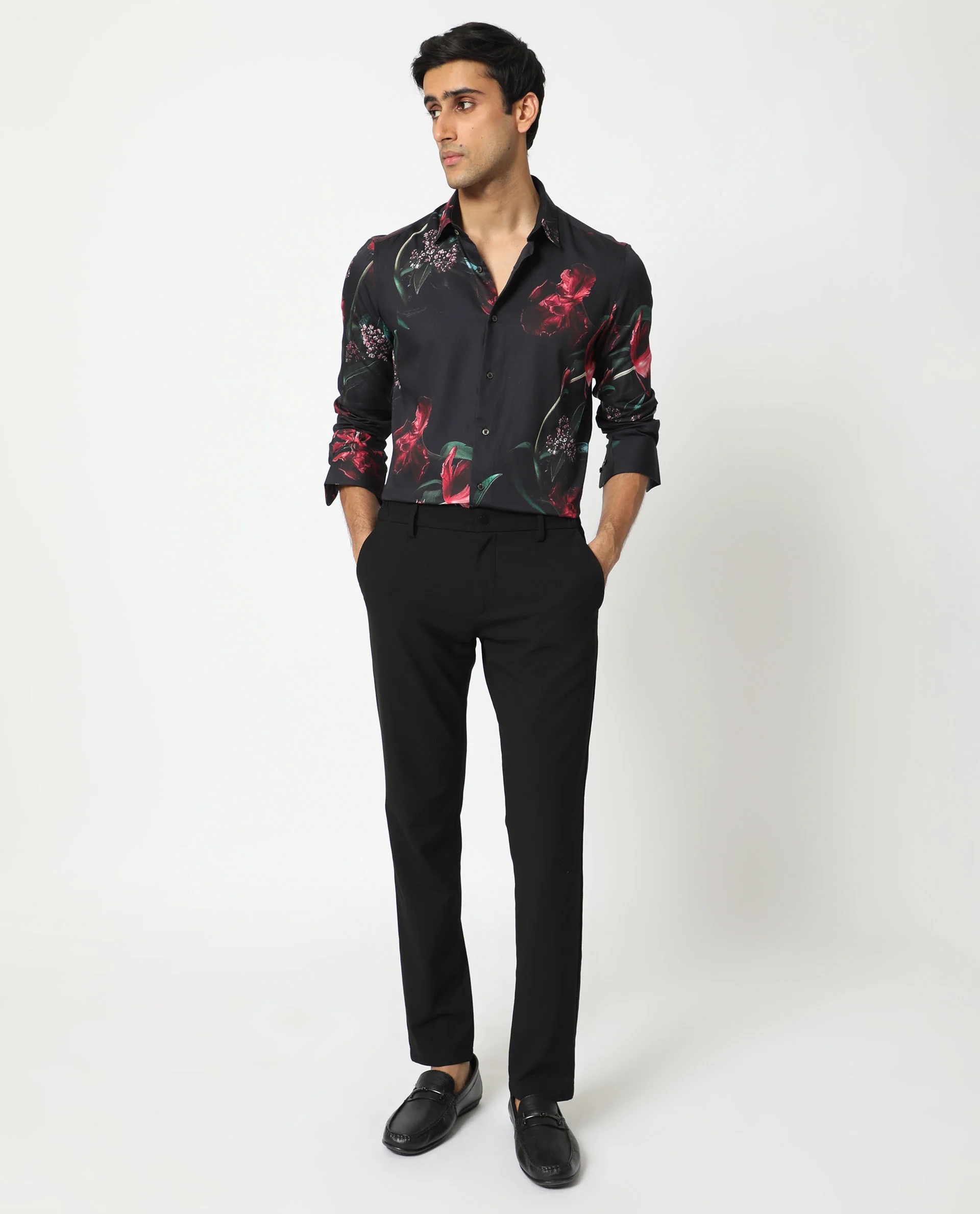 Rare Rabbit Men's Stock Black Cotton Floral Print Regular Fit Full Sleeve Spread Collar Shirt - Image 2