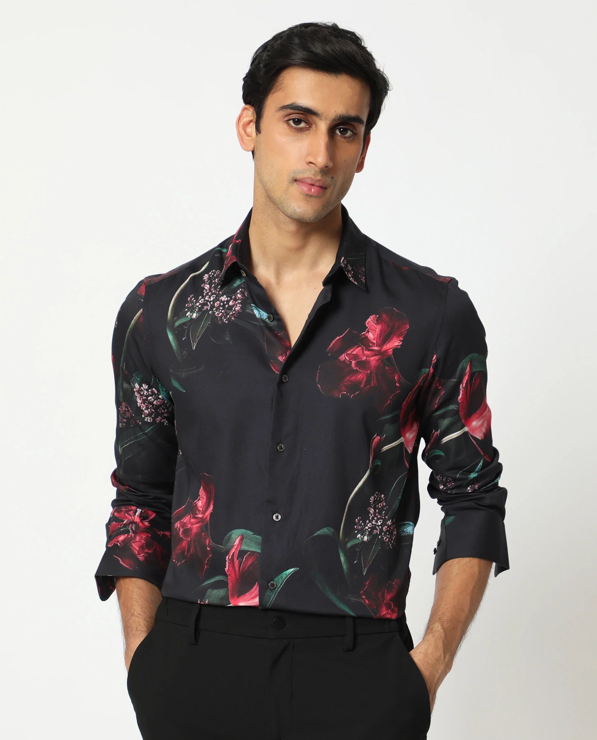 Rare Rabbit Men's Stock Black Cotton Floral Print Regular Fit Full Sleeve Spread Collar Shirt - Image 3