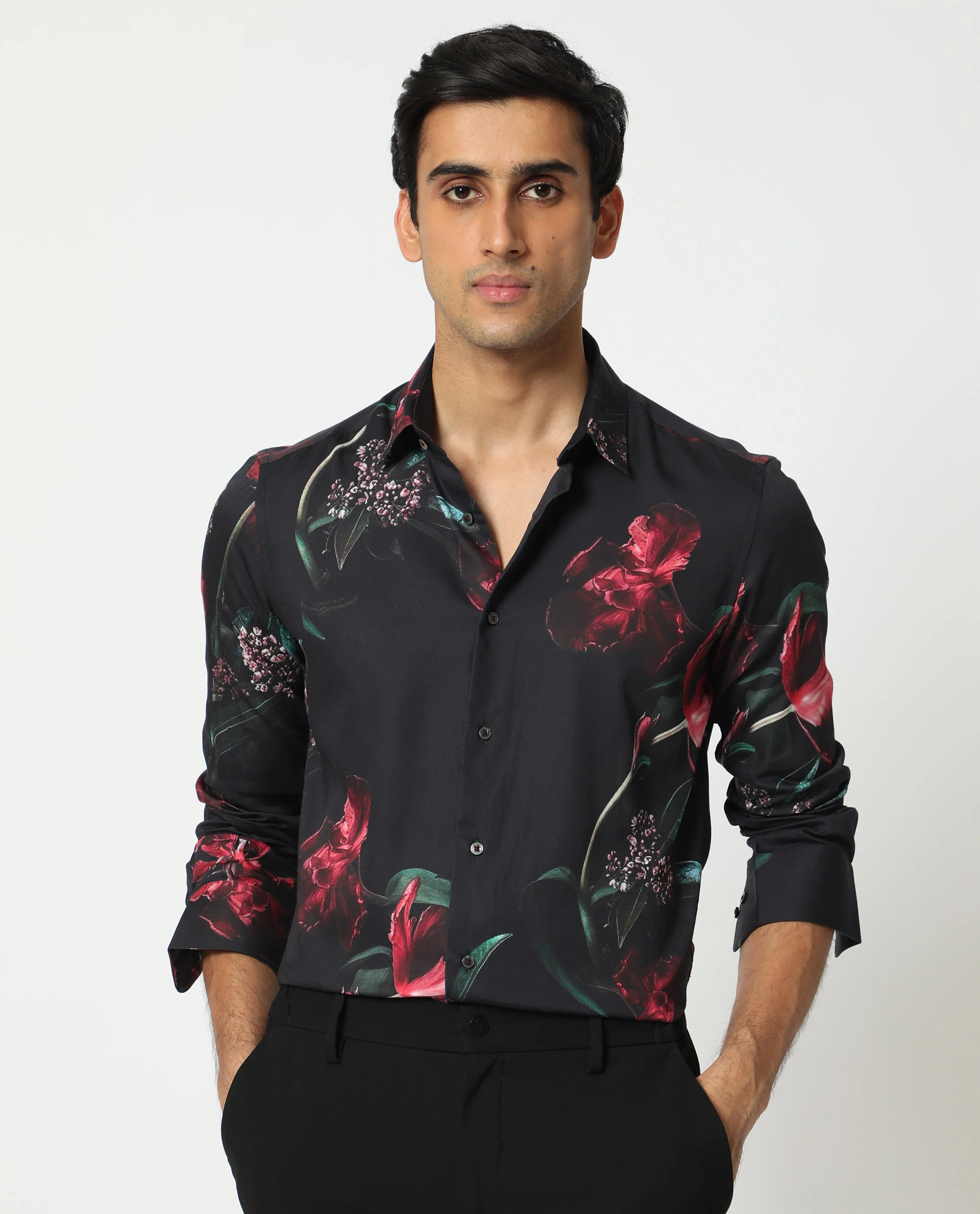 Rare Rabbit Men's Stock Black Cotton Floral Print Regular Fit Full Sleeve Spread Collar Shirt - Image 7