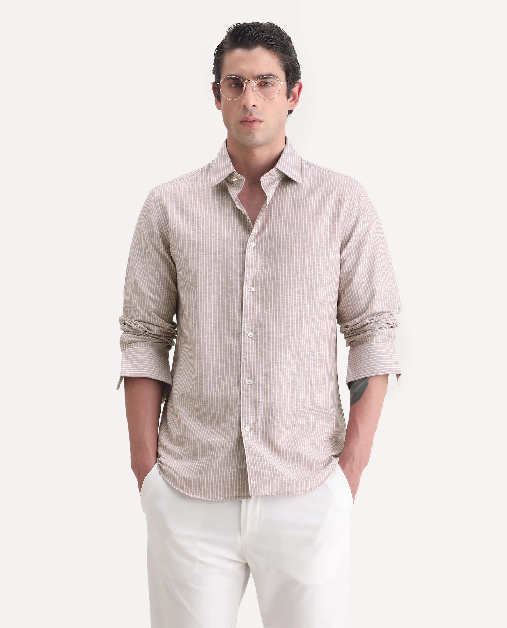 Rare Rabbit Men's Stoll Dusky Pink Cotton Blend Striped Print Regular Fit Full Sleeve Collared Shirt