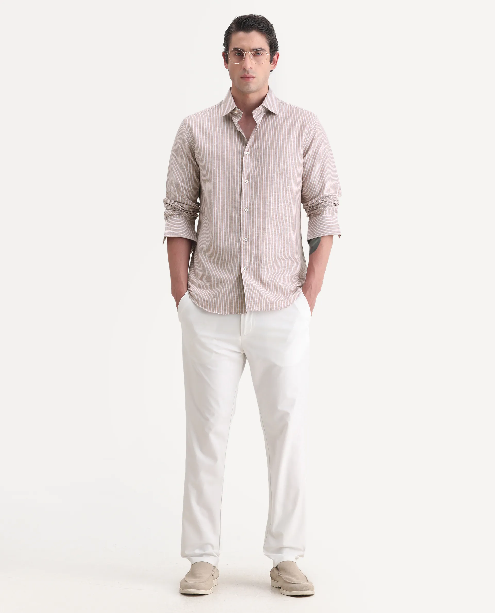 Rare Rabbit Men's Stoll Dusky Pink Cotton Blend Striped Print Regular Fit Full Sleeve Collared Shirt - Image 2