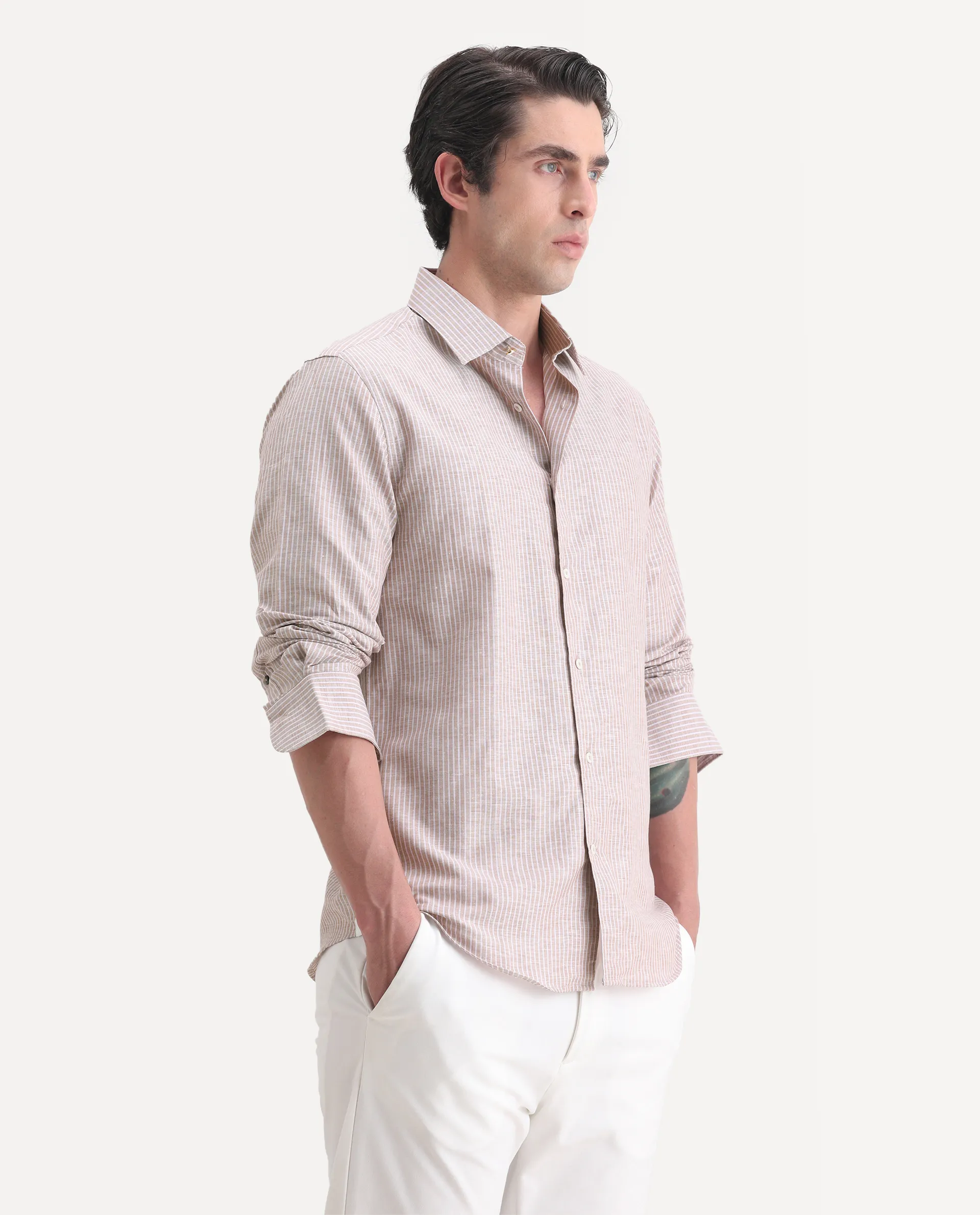 Rare Rabbit Men's Stoll Dusky Pink Cotton Blend Striped Print Regular Fit Full Sleeve Collared Shirt - Image 4