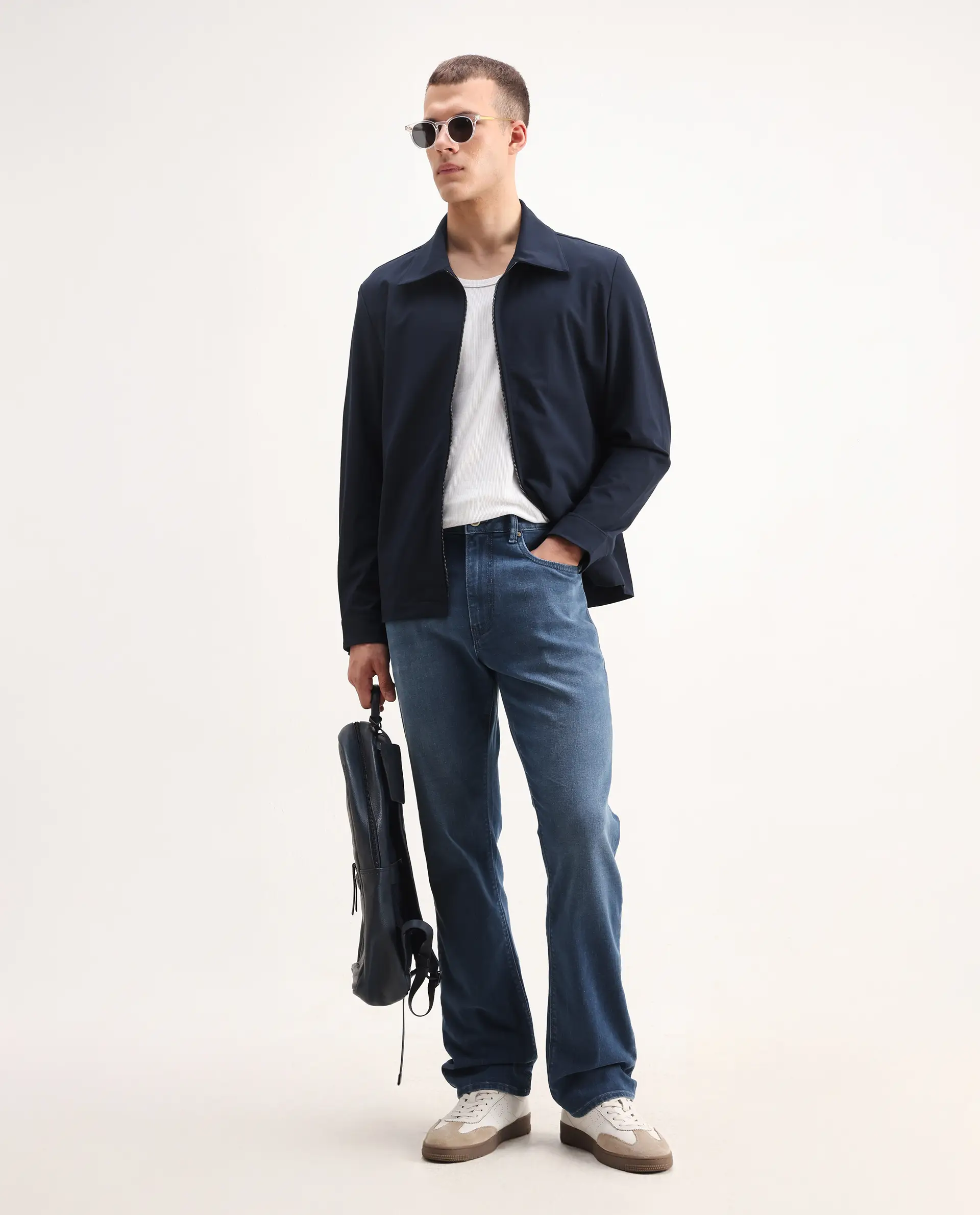 Rare Rabbit Men's Stone Blue Cotton Blend Plain Morris Regular Fit Jeans