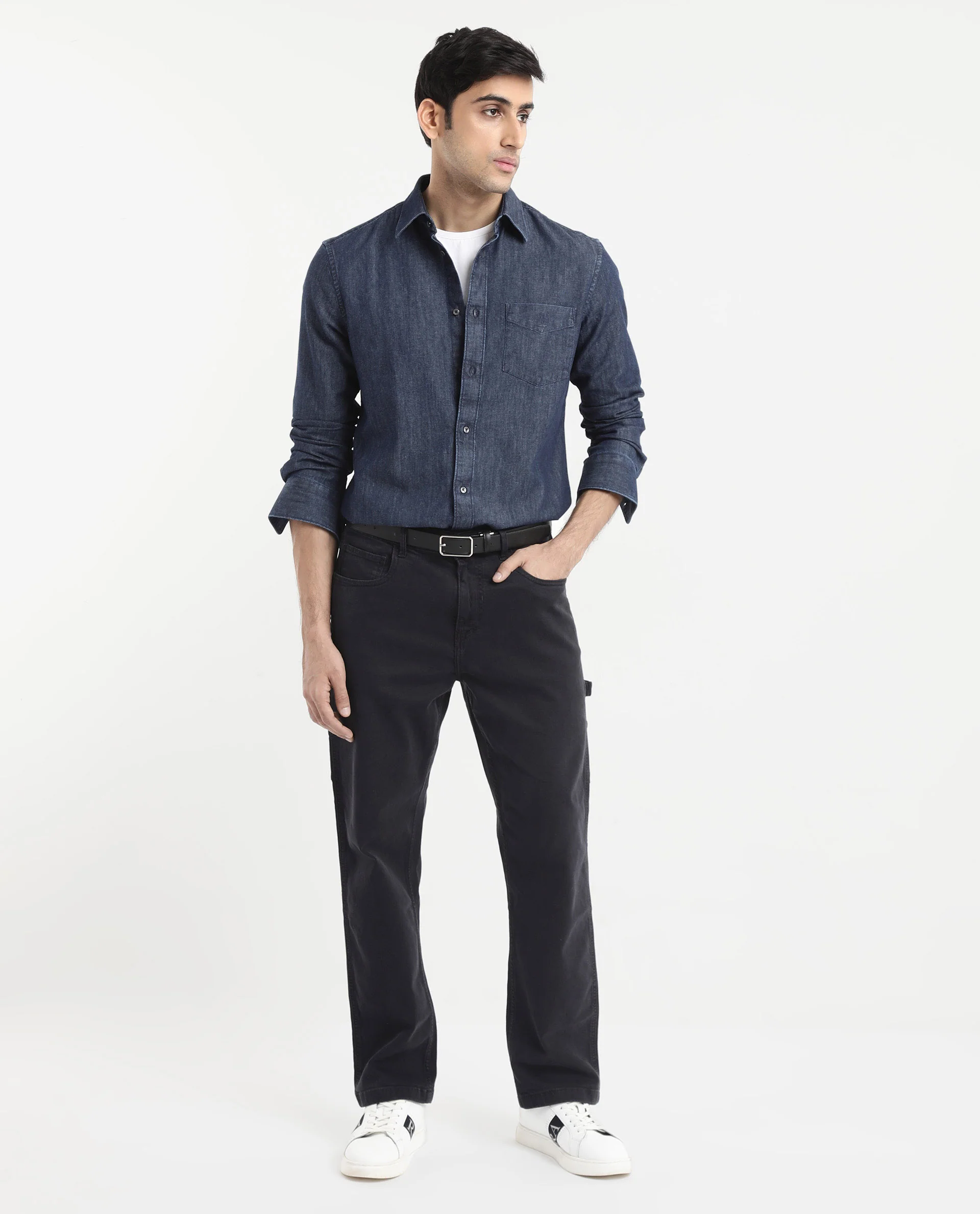 Rare Rabbit Men's Storm Dark Blue Cotton Plain Regular Fit Full Sleeve Collared Denim Shirt - Image 2