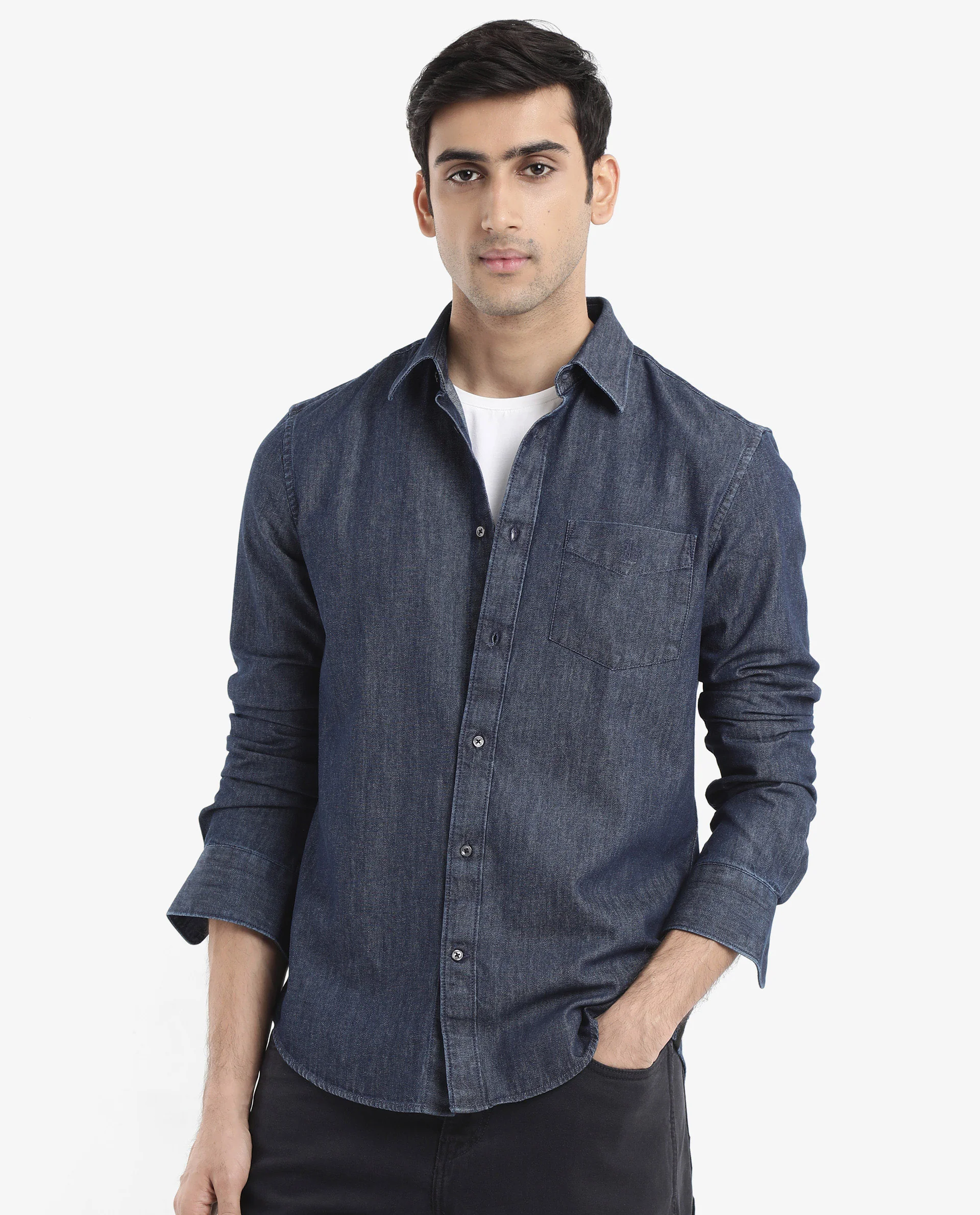 Rare Rabbit Men's Storm Dark Blue Cotton Plain Regular Fit Full Sleeve Collared Denim Shirt - Image 3