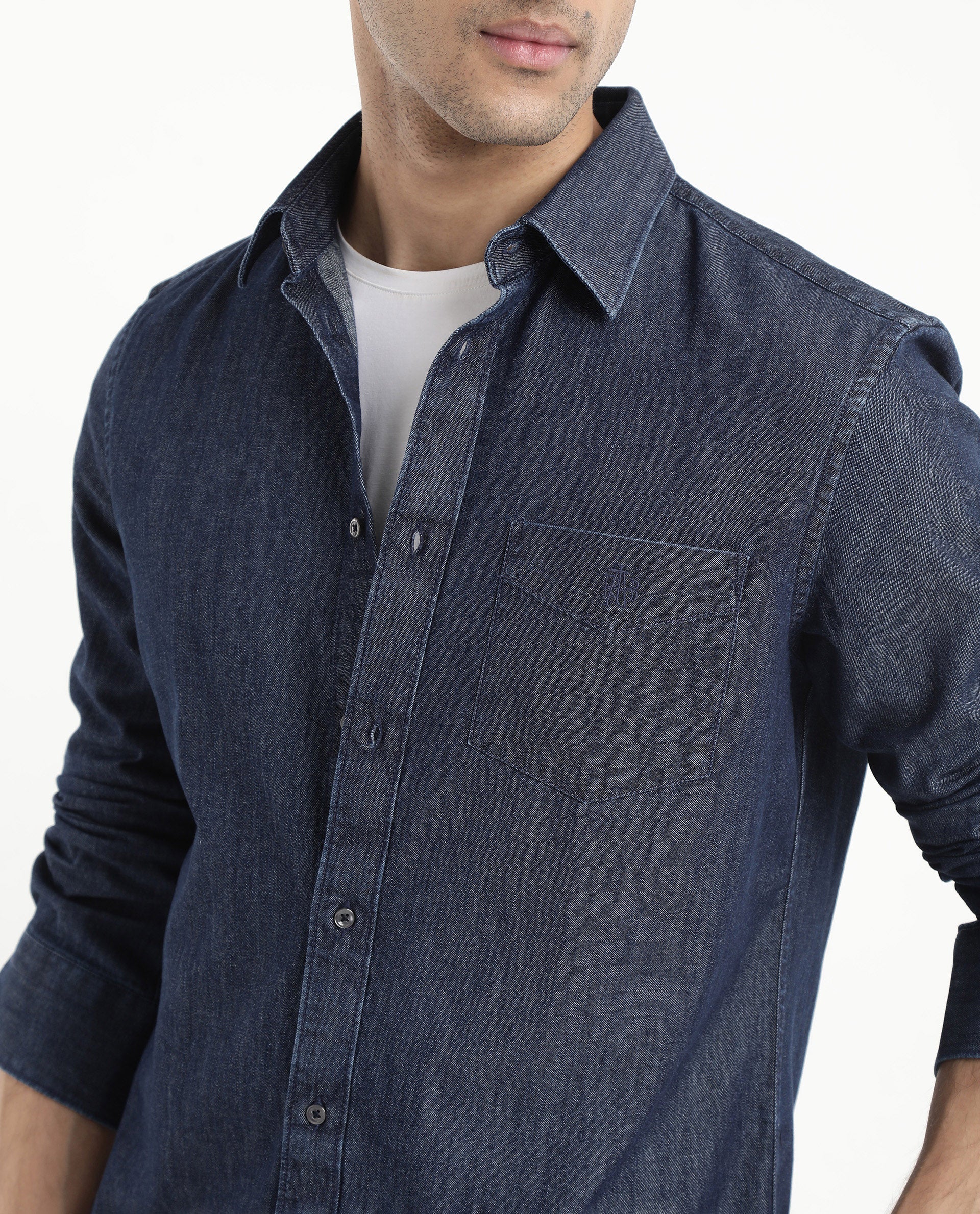 Rare Rabbit Men's Storm Dark Blue Cotton Plain Regular Fit Full Sleeve Collared Denim Shirt - Image 4