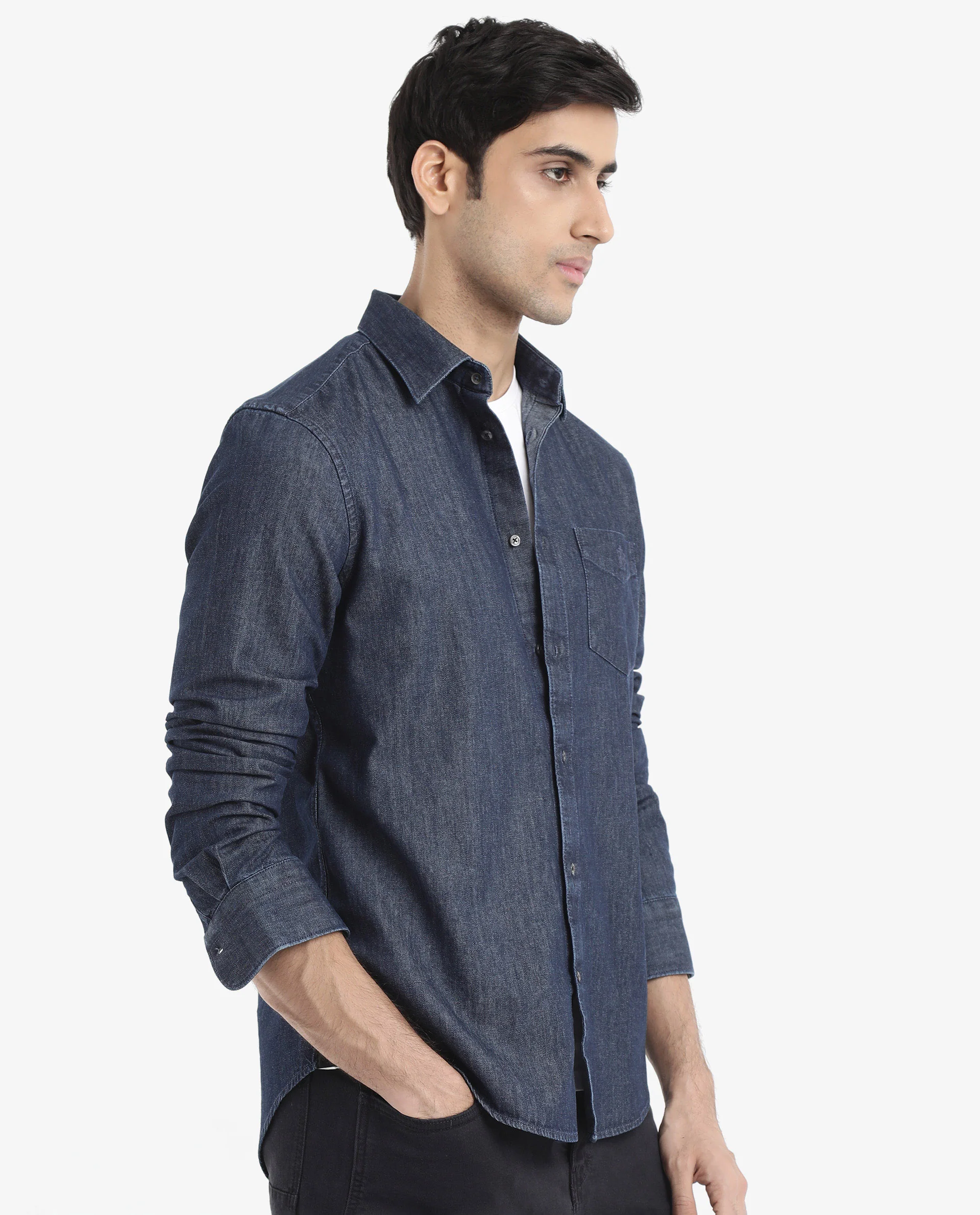 Rare Rabbit Men's Storm Dark Blue Cotton Plain Regular Fit Full Sleeve Collared Denim Shirt - Image 5