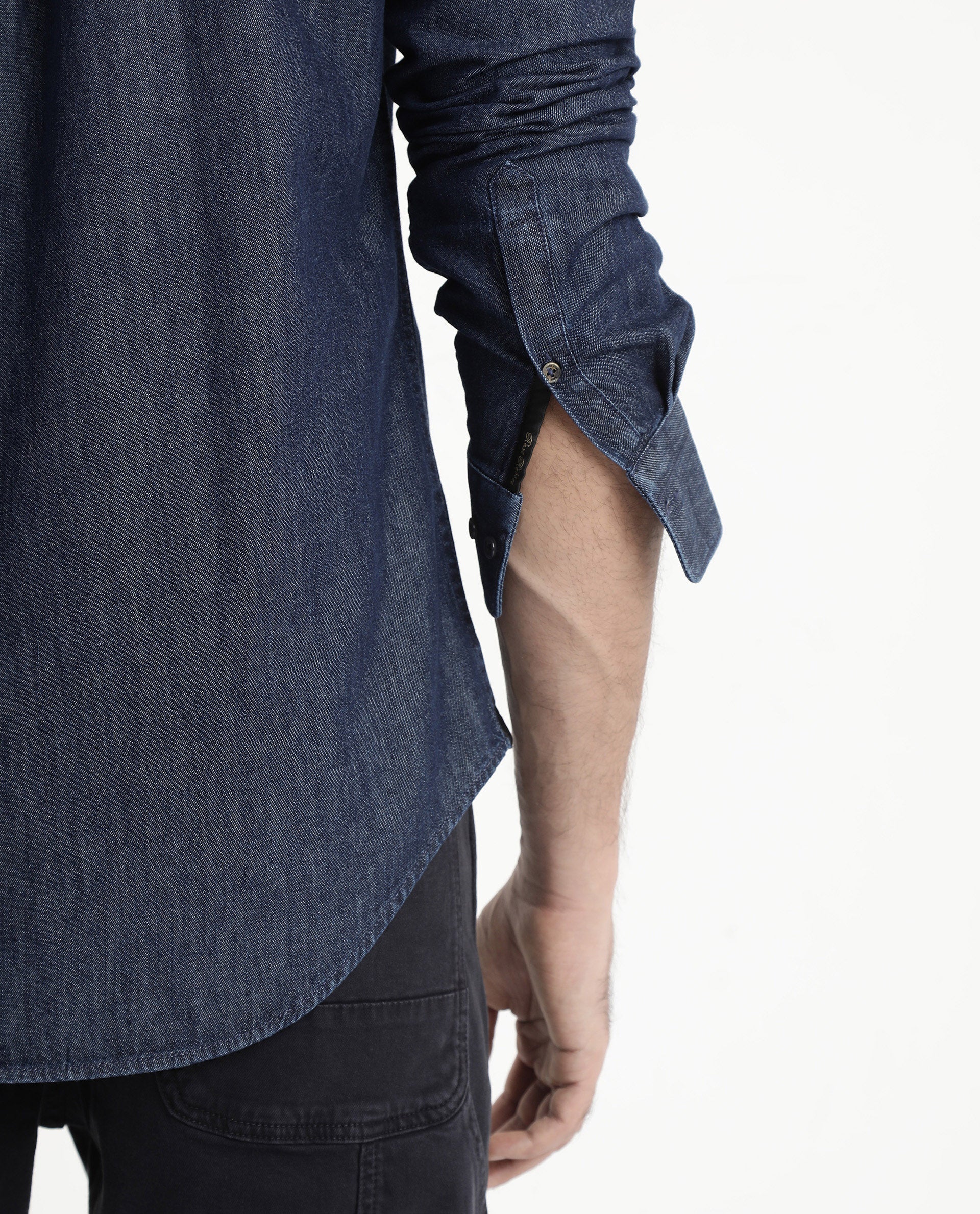 Rare Rabbit Men's Storm Dark Blue Cotton Plain Regular Fit Full Sleeve Collared Denim Shirt - Image 8