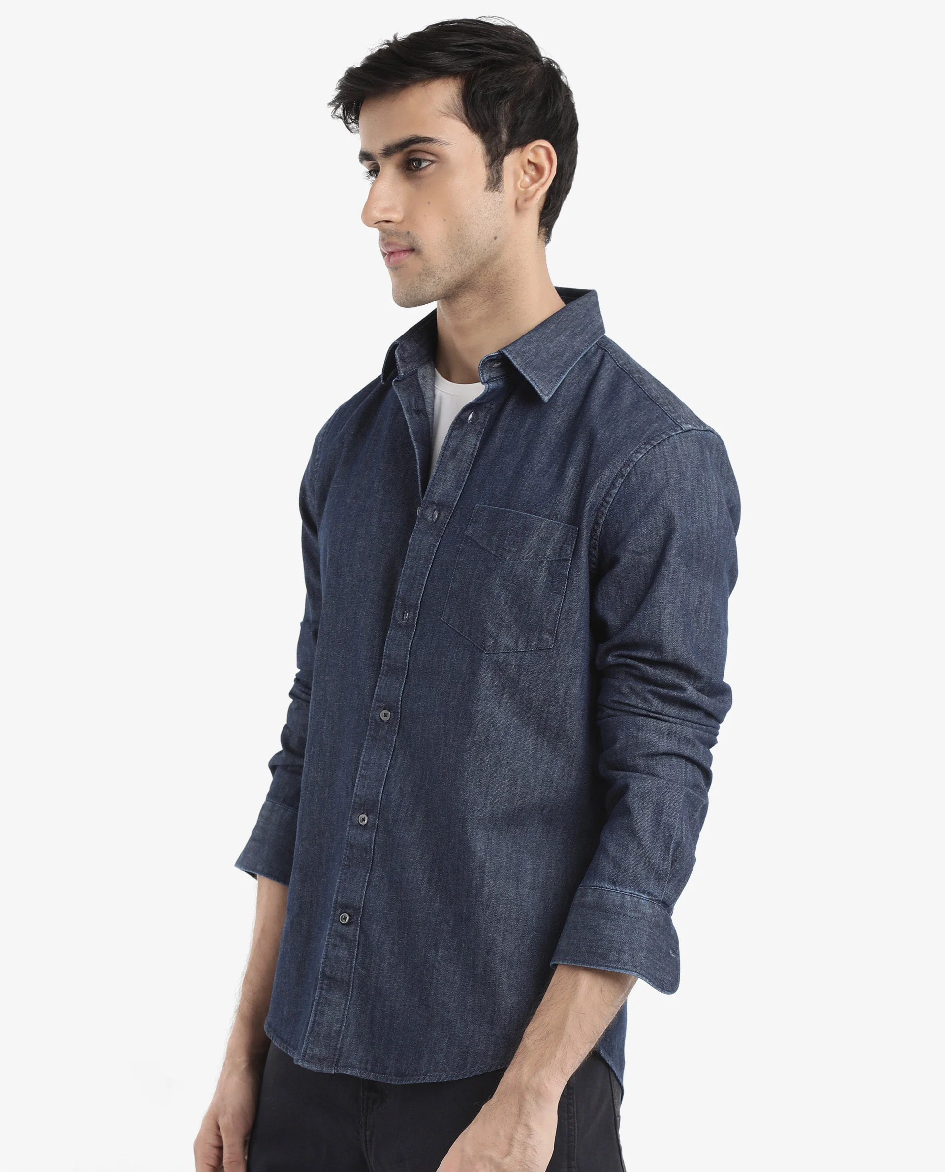 Rare Rabbit Men's Storm Dark Blue Cotton Plain Regular Fit Full Sleeve Collared Denim Shirt - Image 9