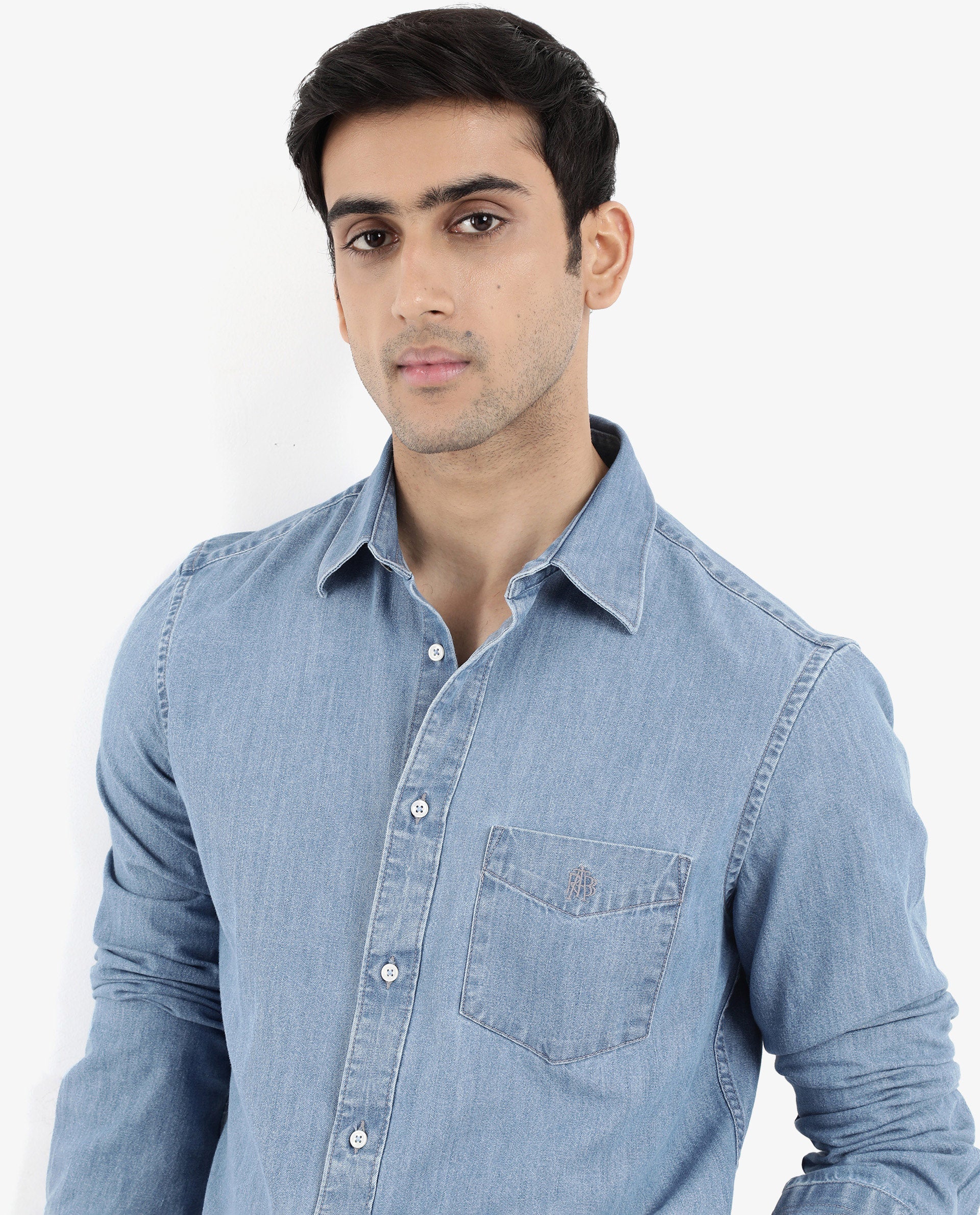 Rare Rabbit Men's Storm Light Blue Cotton Plain Regular Fit Full Sleeve Collared Denim Shirt - Image 2