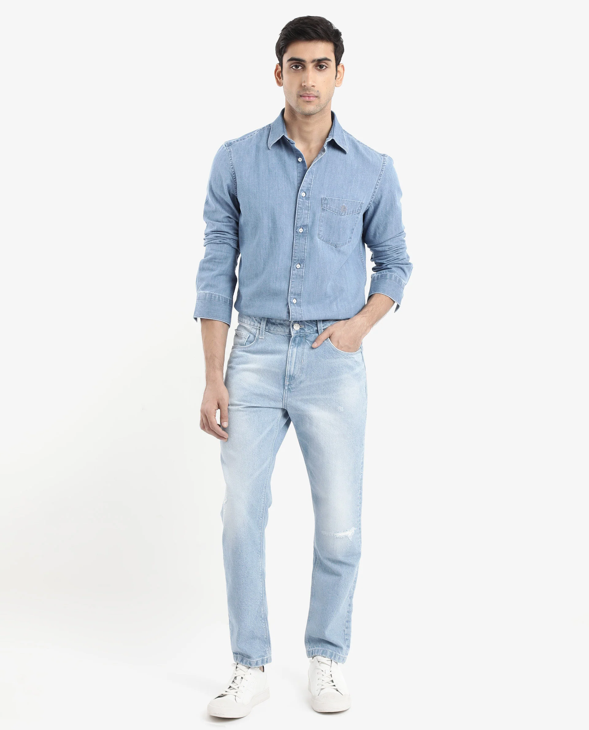 Rare Rabbit Men's Storm Light Blue Cotton Plain Regular Fit Full Sleeve Collared Denim Shirt - Image 3