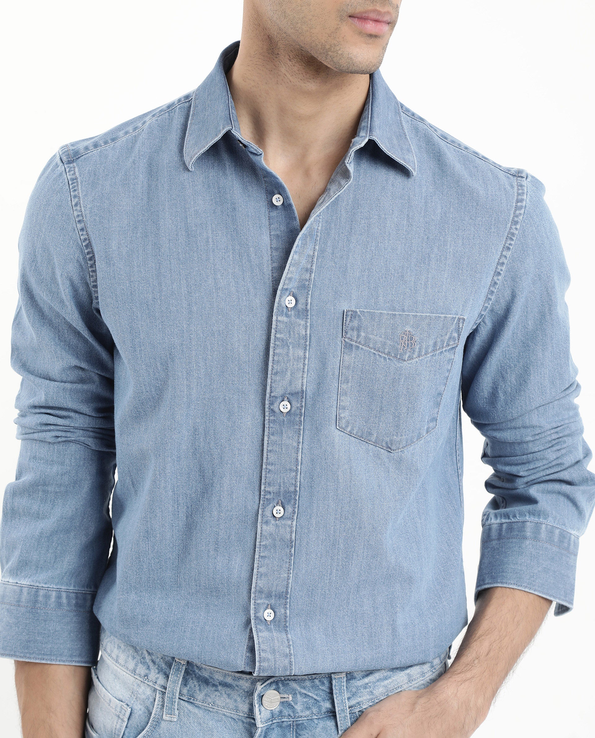 Rare Rabbit Men's Storm Light Blue Cotton Plain Regular Fit Full Sleeve Collared Denim Shirt - Image 4