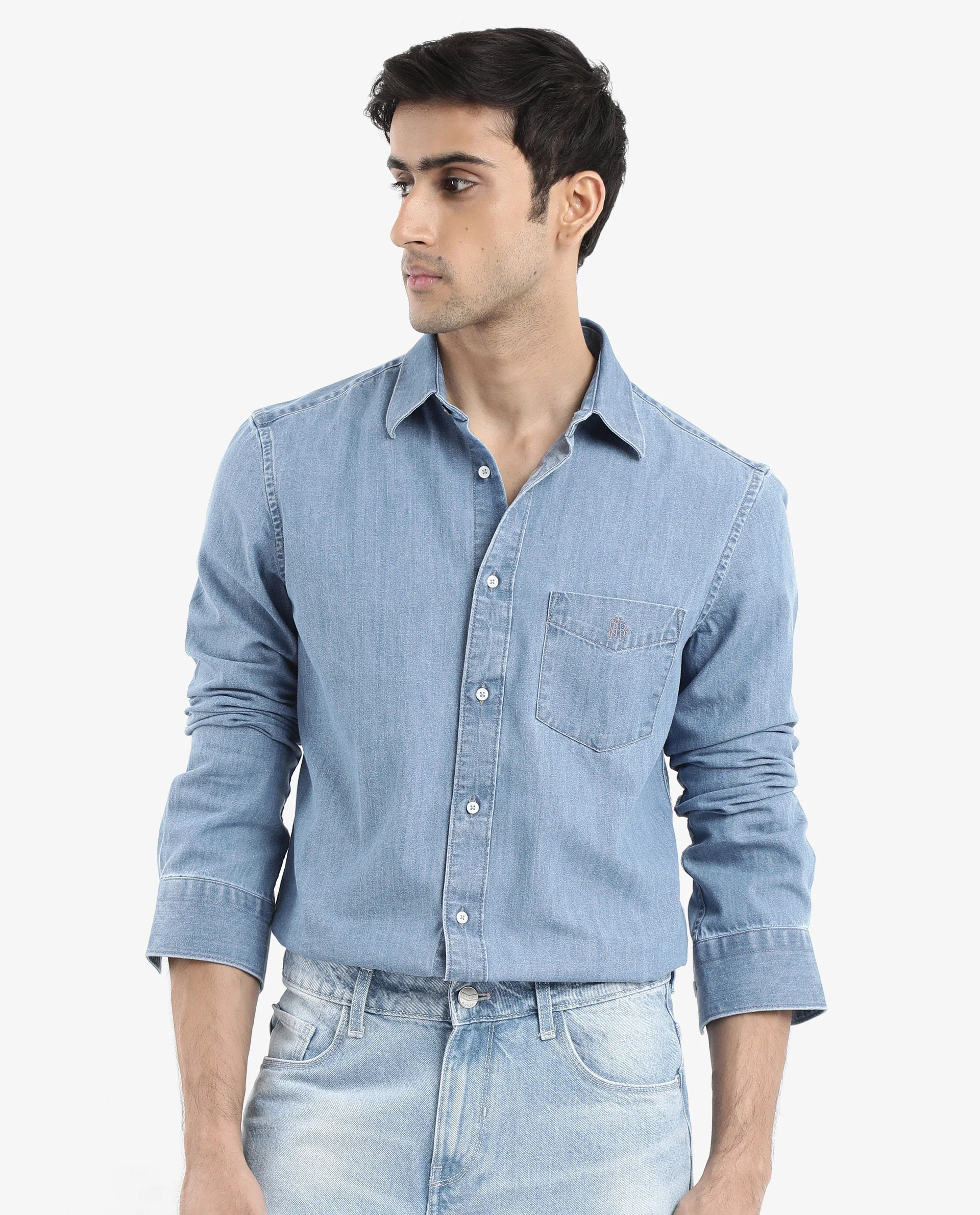 Rare Rabbit Men's Storm Light Blue Cotton Plain Regular Fit Full Sleeve Collared Denim Shirt - Image 5