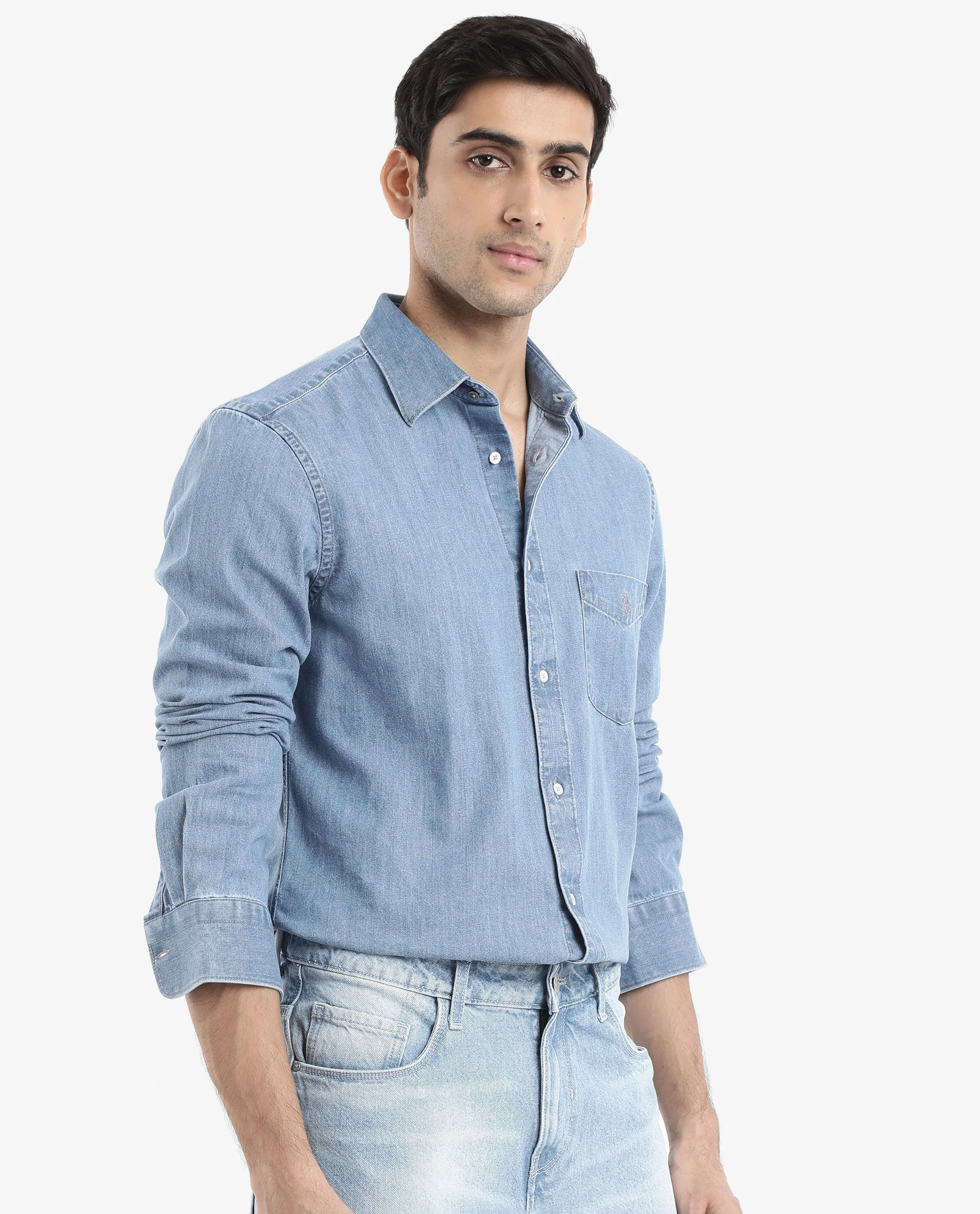 Rare Rabbit Men's Storm Light Blue Cotton Plain Regular Fit Full Sleeve Collared Denim Shirt - Image 6
