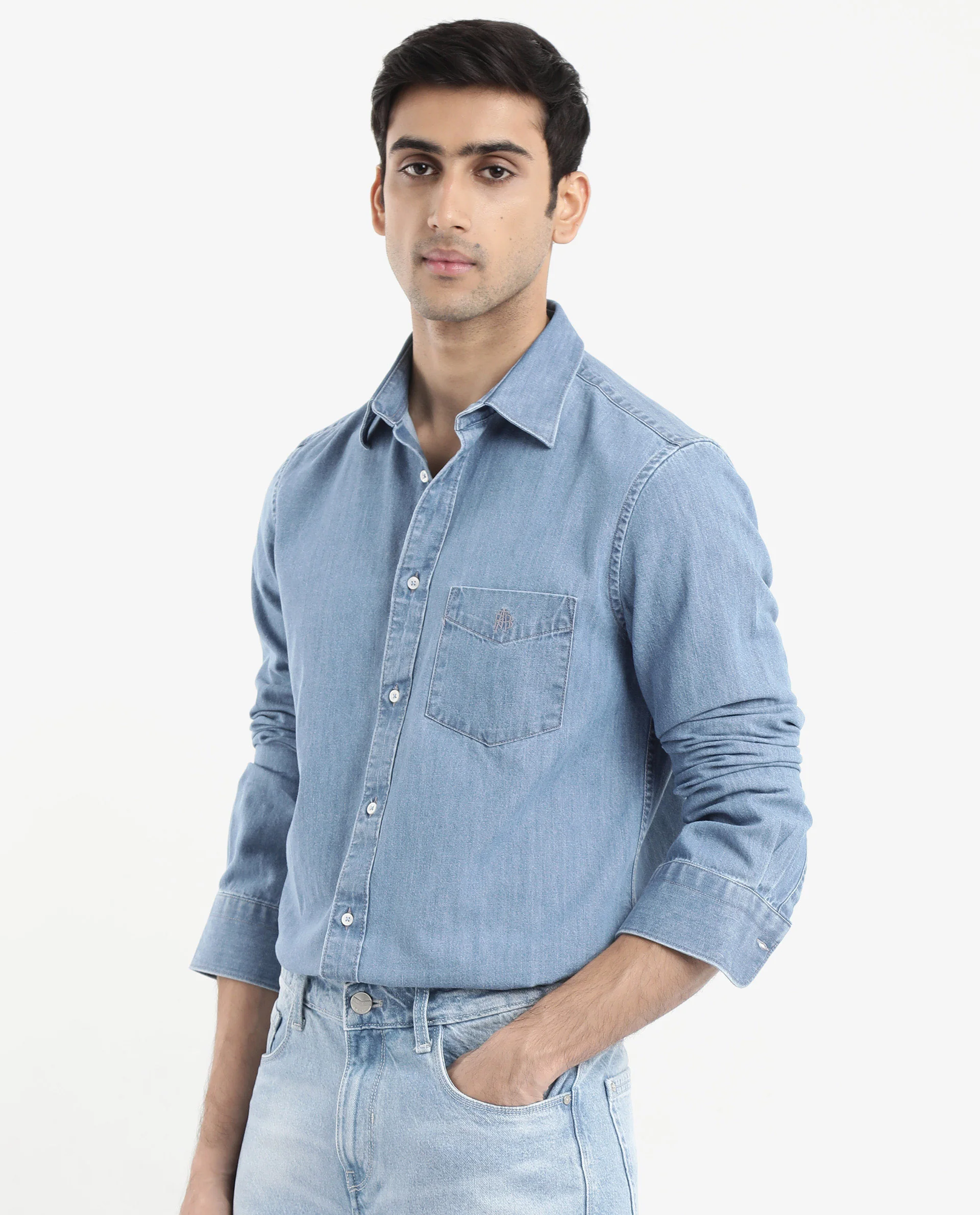 Rare Rabbit Men's Storm Light Blue Cotton Plain Regular Fit Full Sleeve Collared Denim Shirt - Image 9