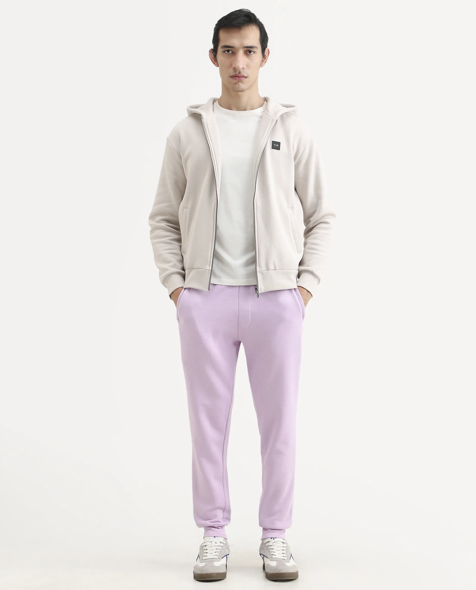 Rare Rabbit Men's Stormy Pastel Purple Cotton Plain Regular Fit Joggers - Image 2