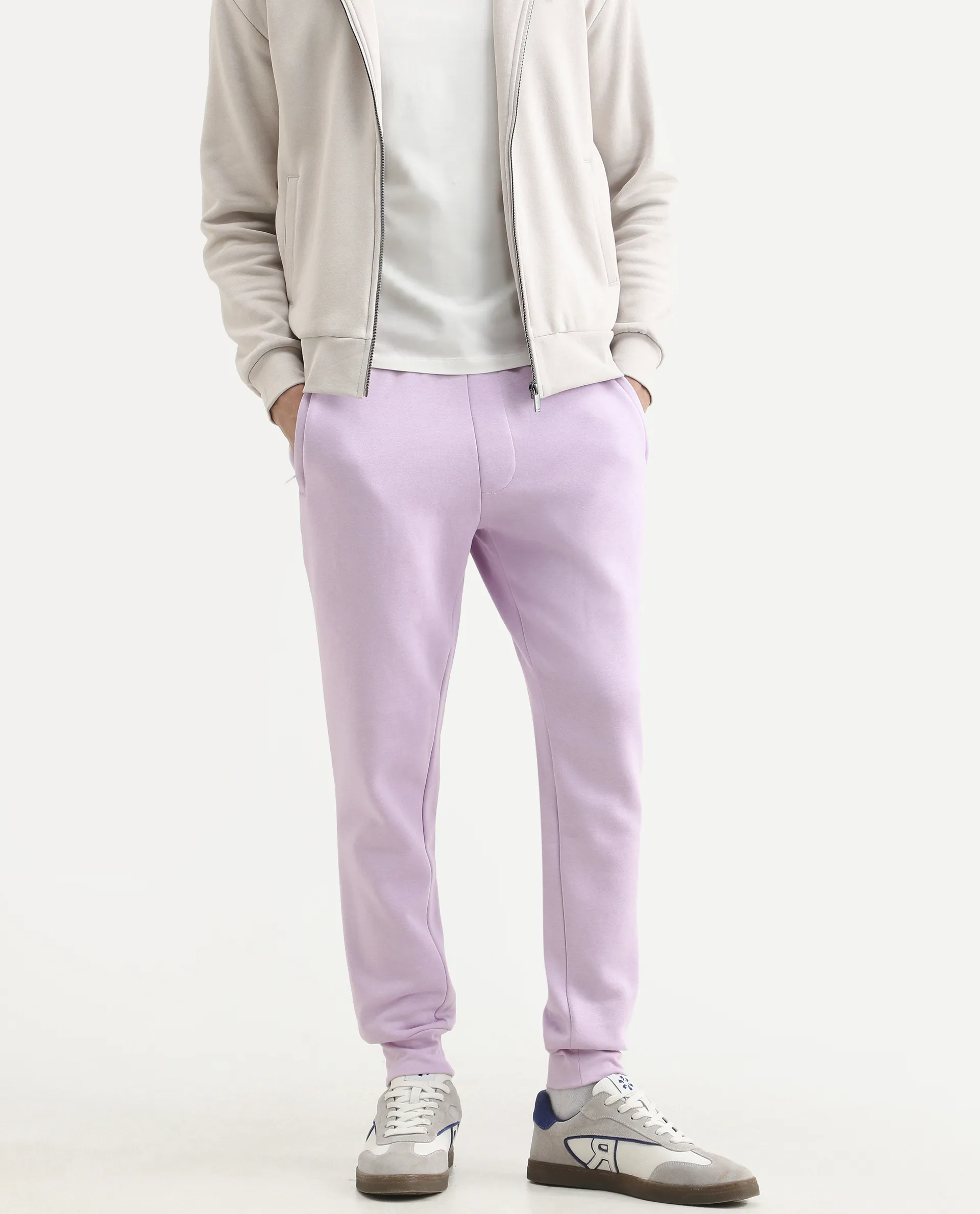 Rare Rabbit Men's Stormy Pastel Purple Cotton Plain Regular Fit Joggers - Image 3