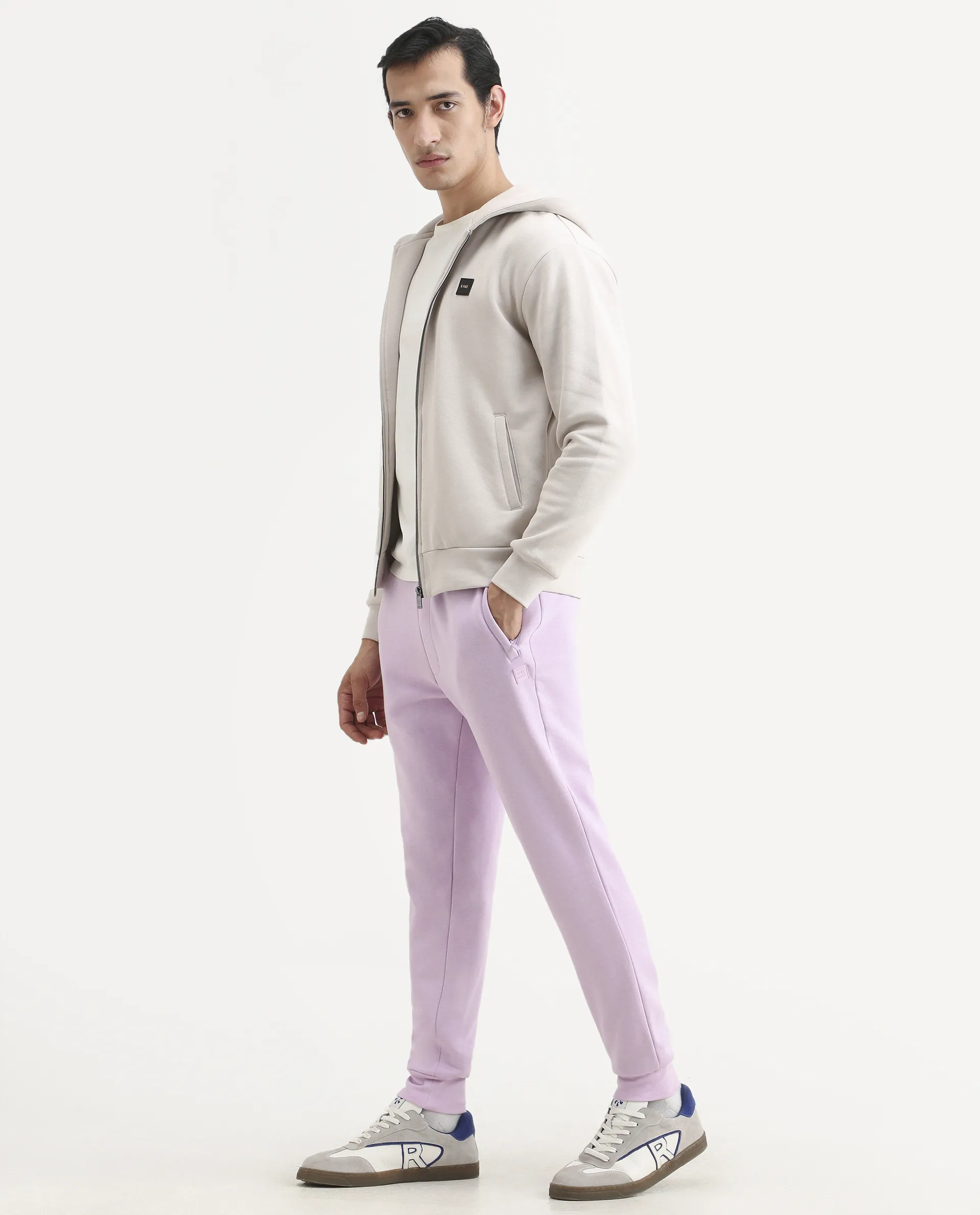 Rare Rabbit Men's Stormy Pastel Purple Cotton Plain Regular Fit Joggers - Image 6