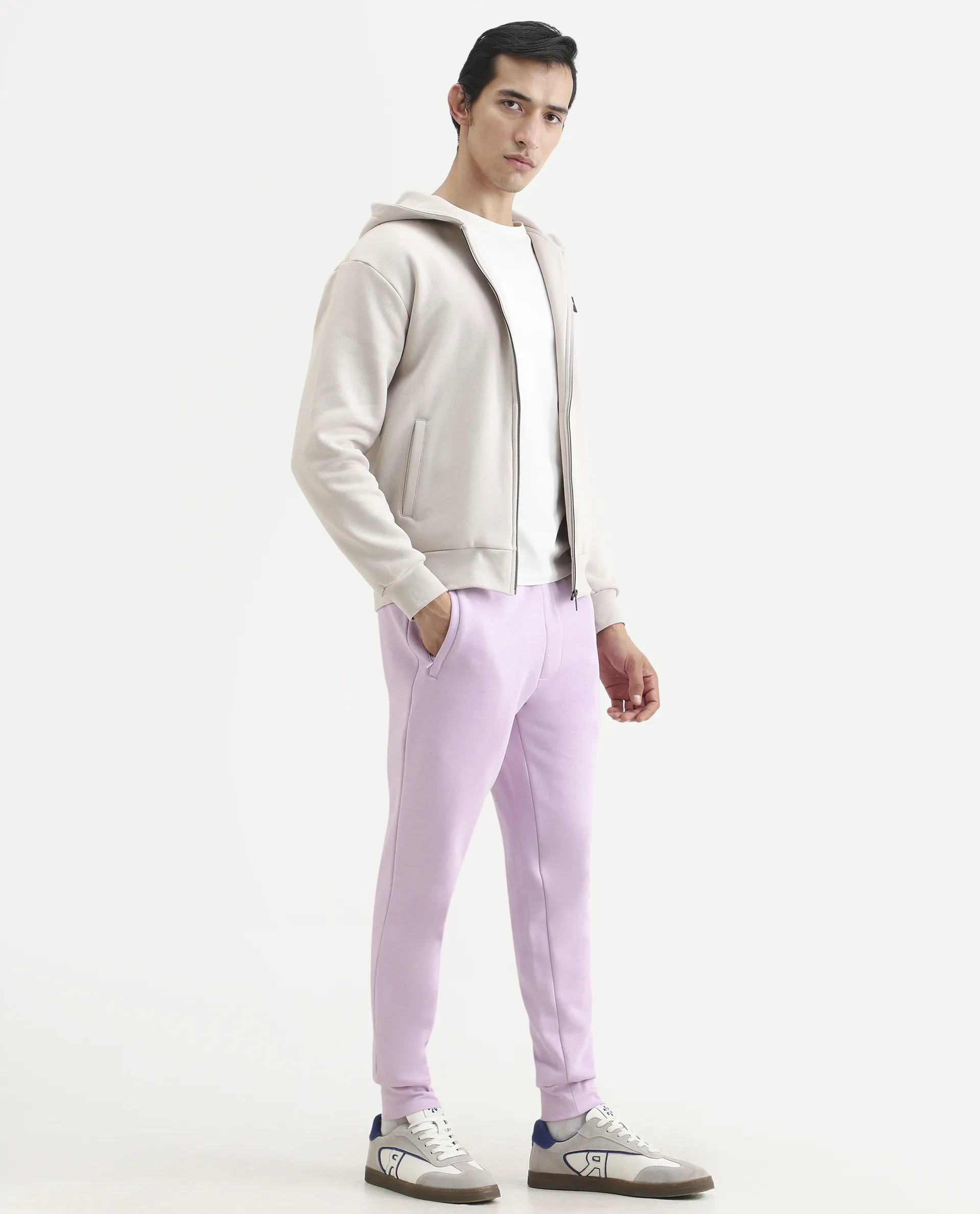 Rare Rabbit Men's Stormy Pastel Purple Cotton Plain Regular Fit Joggers - Image 7