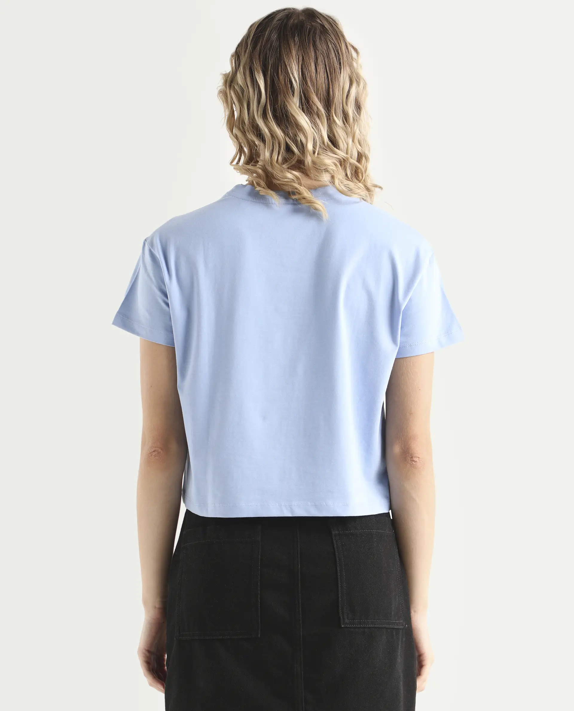 Rareism Women's Strankle Blue Cotton Blend Crew Neck Graphic Print Crop Regular Fit T-Shirt - Image 7