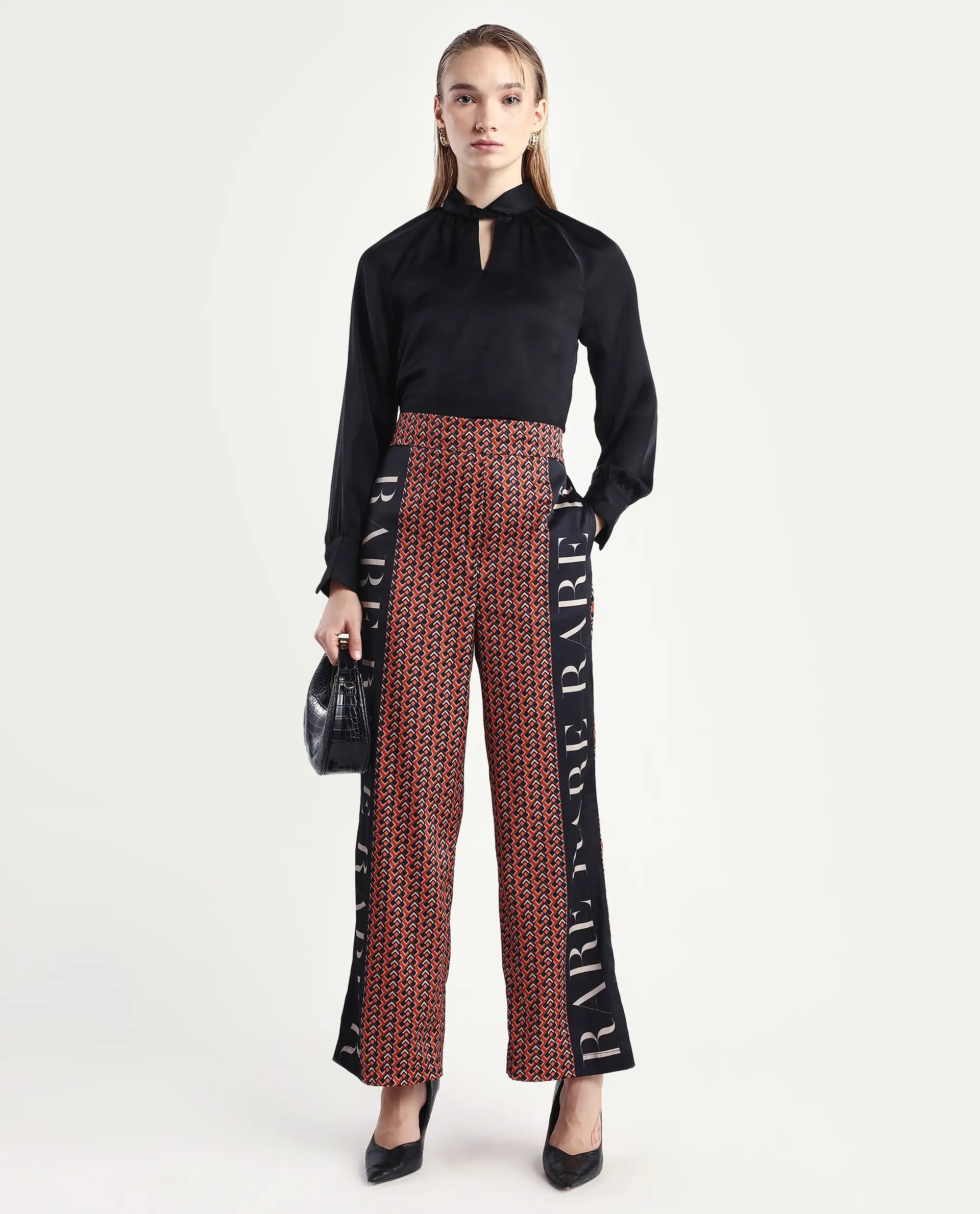 Rareism Women's Streif Orange Polyester Geometric Print Ankle Length Relaxed Fit Trouser