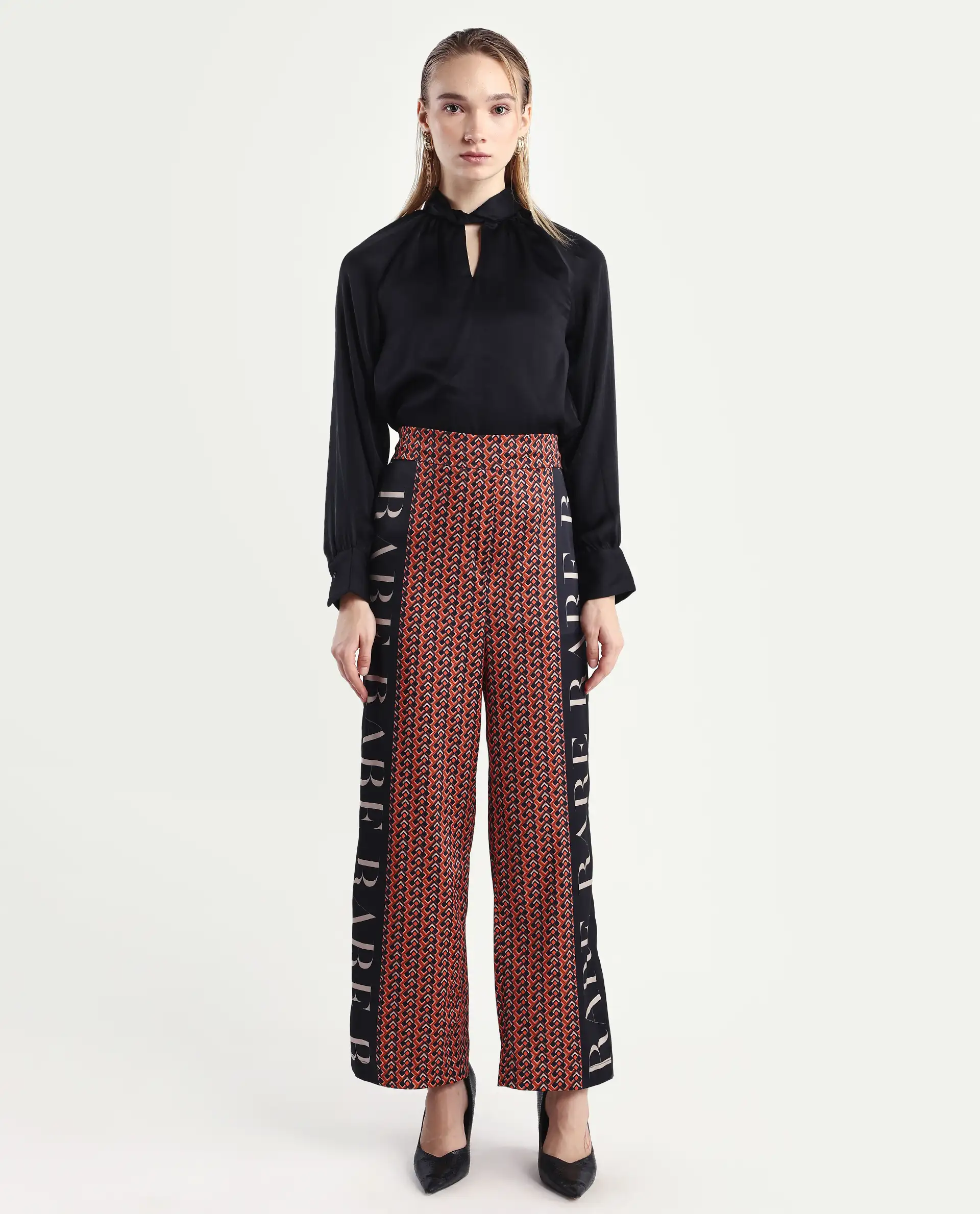 Rareism Women's Streif Orange Polyester Geometric Print Ankle Length Relaxed Fit Trouser - Image 3
