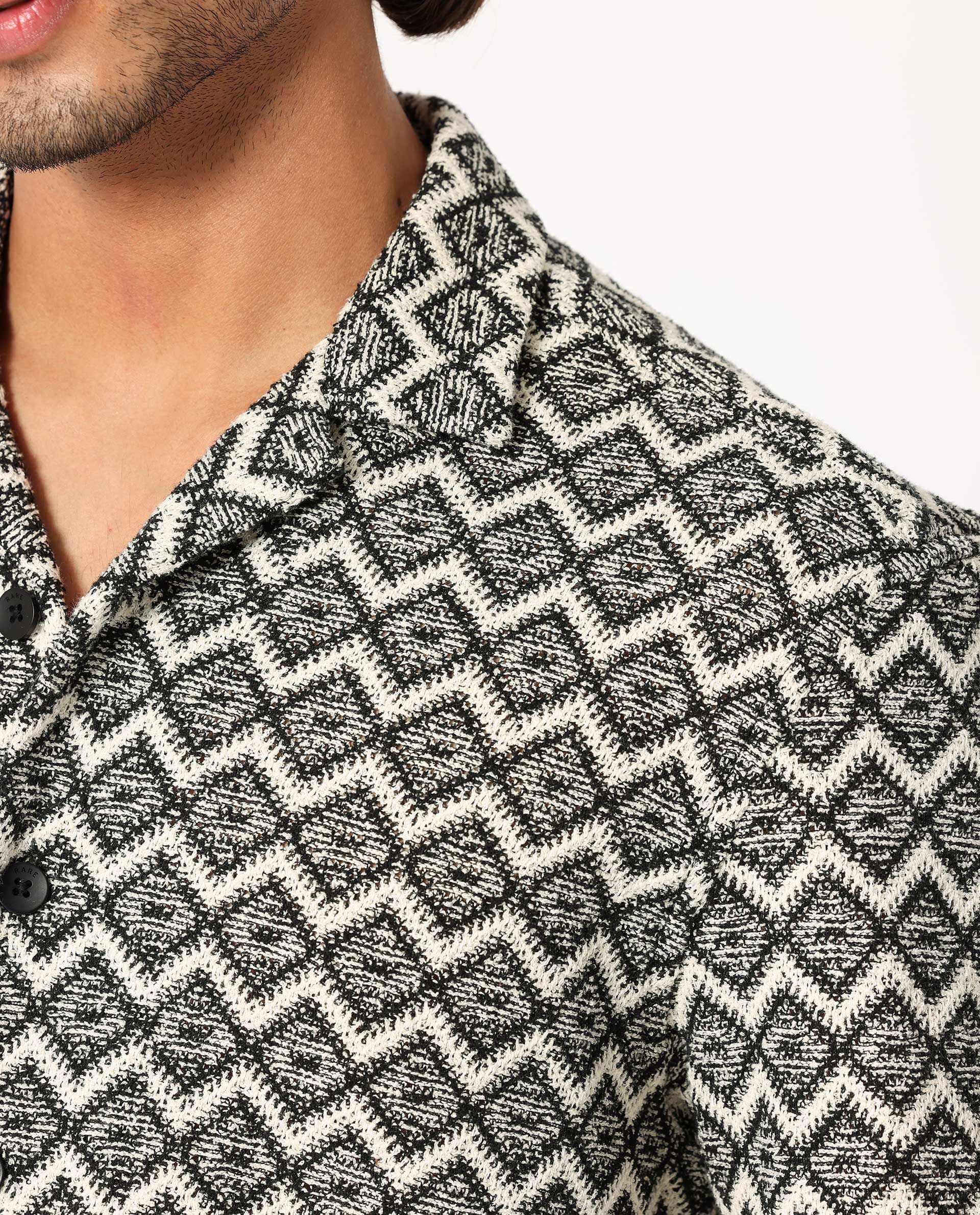 Rare Rabbit Men's Stretch Black Zig Zag Print Regular Fit Half Sleeve Cuban Collar Shirt - Image 2