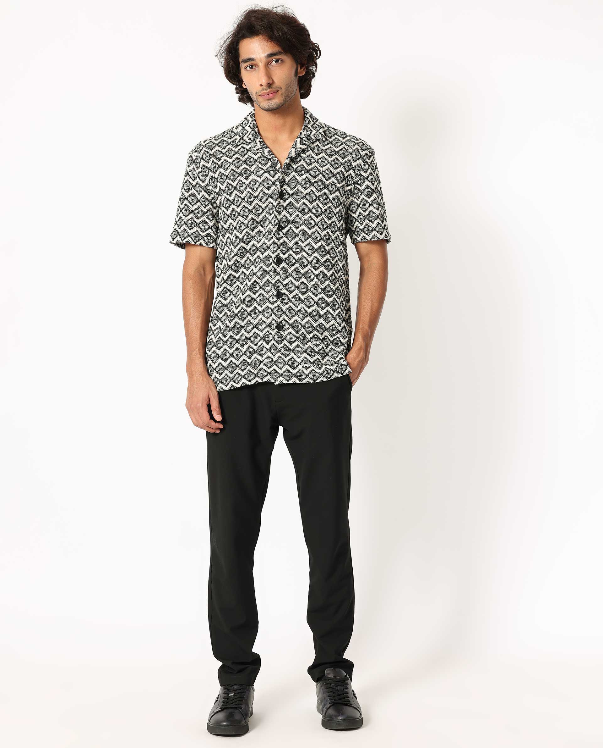 Rare Rabbit Men's Stretch Black Zig Zag Print Regular Fit Half Sleeve Cuban Collar Shirt - Image 3