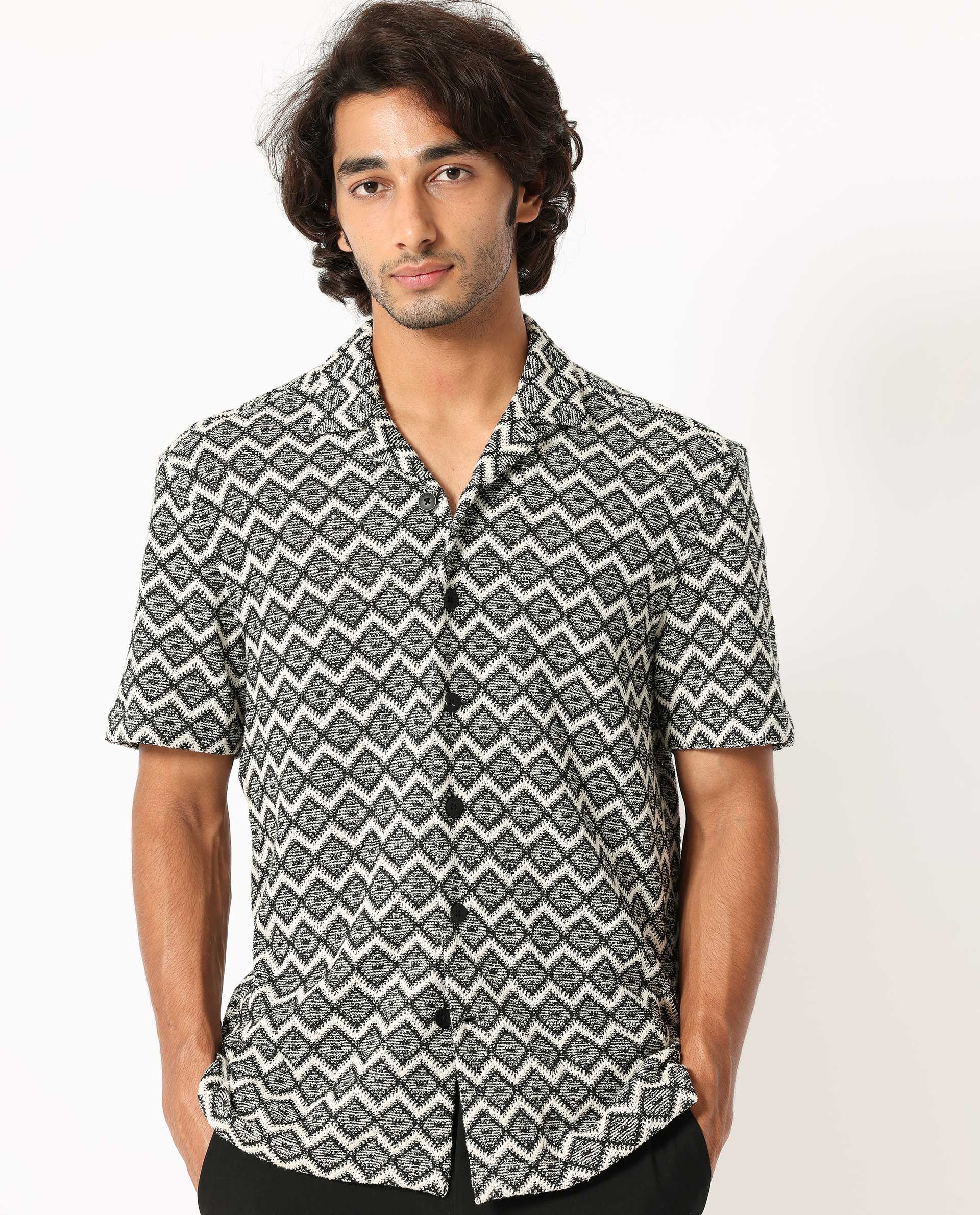 Rare Rabbit Men's Stretch Black Zig Zag Print Regular Fit Half Sleeve Cuban Collar Shirt - Image 4