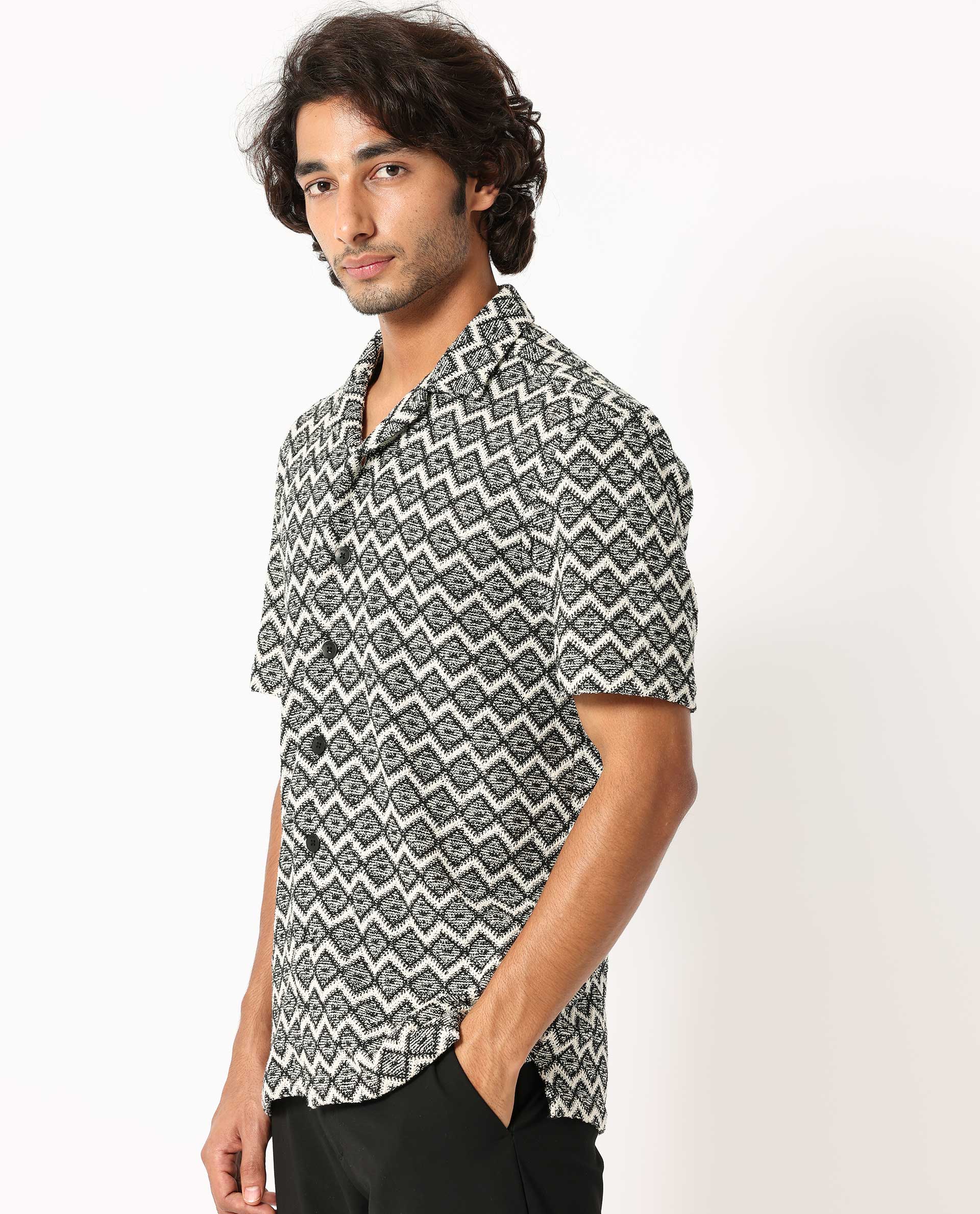 Rare Rabbit Men's Stretch Black Zig Zag Print Regular Fit Half Sleeve Cuban Collar Shirt - Image 5