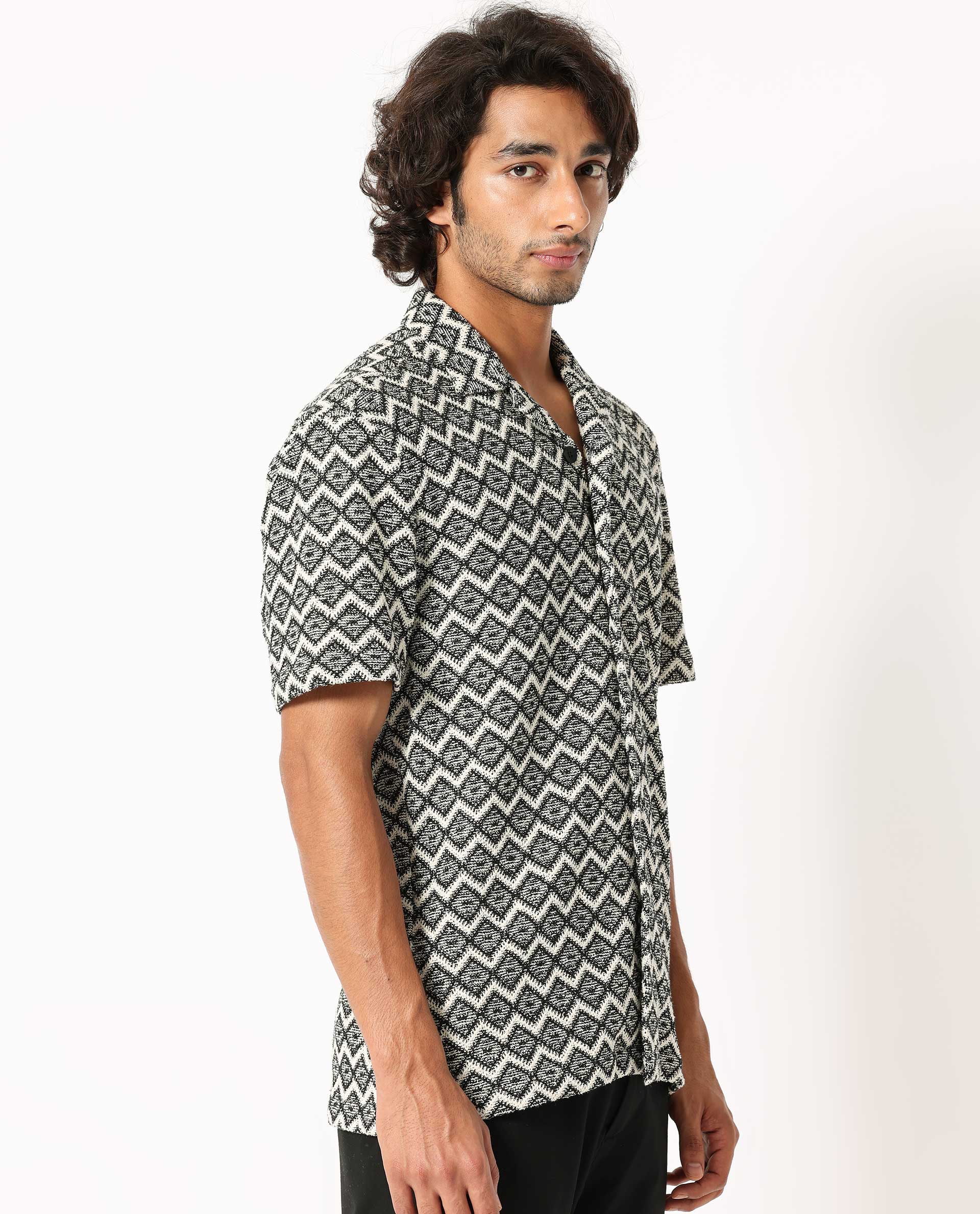 Rare Rabbit Men's Stretch Black Zig Zag Print Regular Fit Half Sleeve Cuban Collar Shirt - Image 6