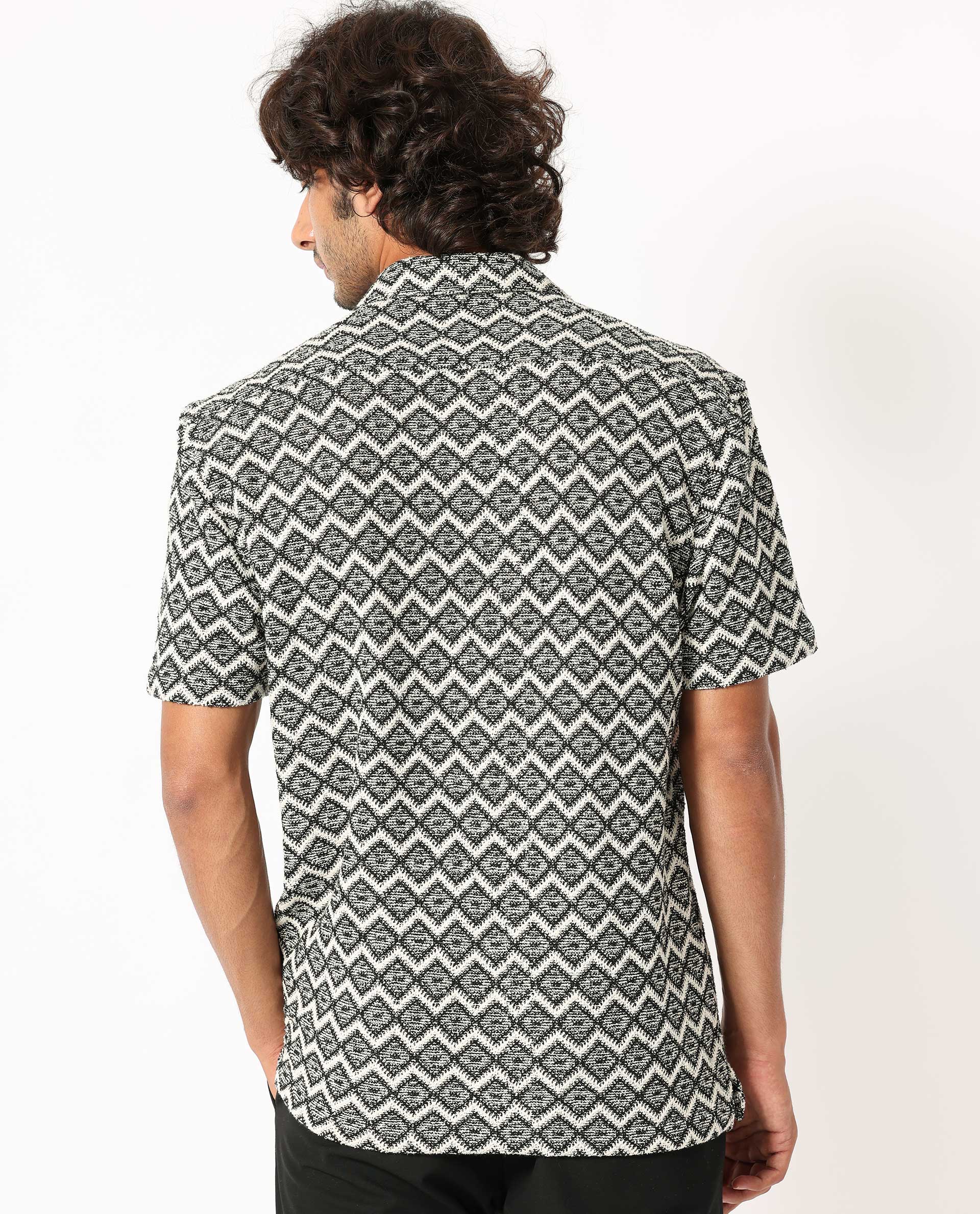 Rare Rabbit Men's Stretch Black Zig Zag Print Regular Fit Half Sleeve Cuban Collar Shirt - Image 7
