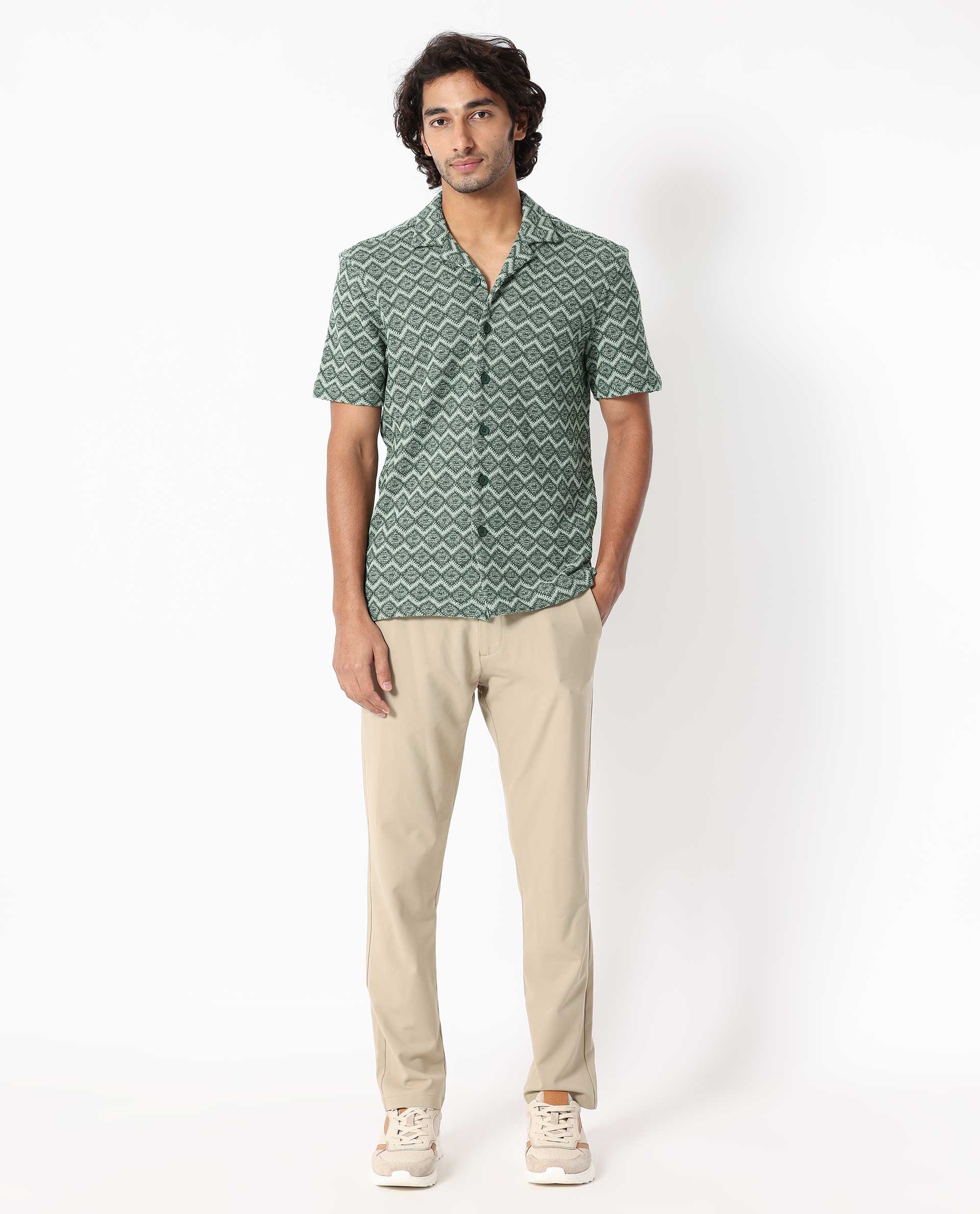 Rare Rabbit Men's Stretch Green Cotton Striped Print Boxy Fit Half Sleeve Cuban Collar Shirt - Image 3