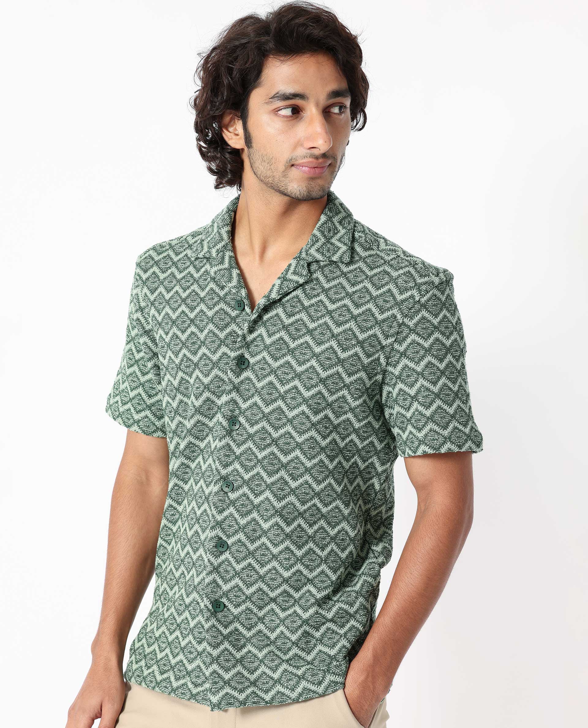 Rare Rabbit Men's Stretch Green Cotton Striped Print Boxy Fit Half Sleeve Cuban Collar Shirt - Image 4