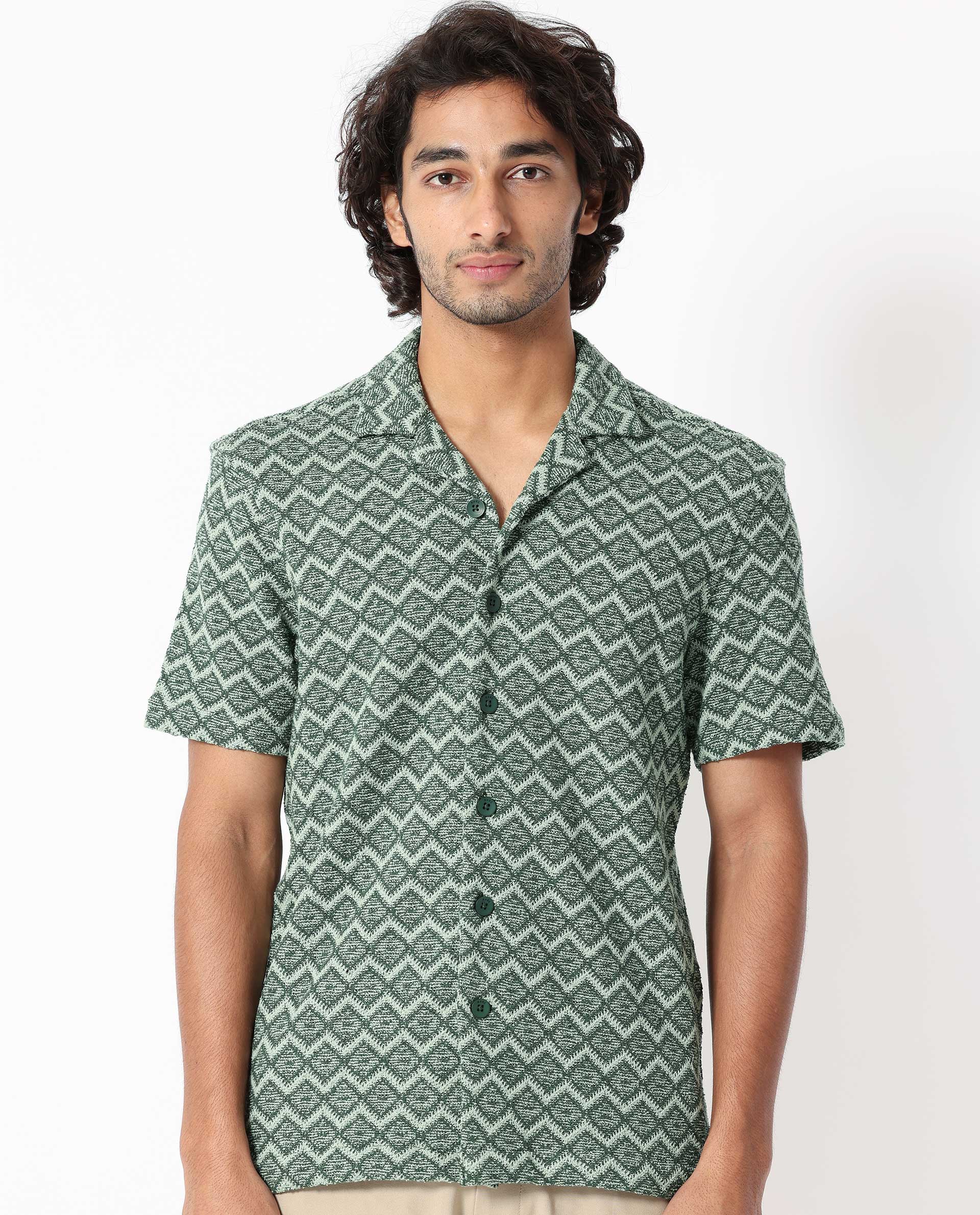Rare Rabbit Men's Stretch Green Cotton Striped Print Boxy Fit Half Sleeve Cuban Collar Shirt - Image 5