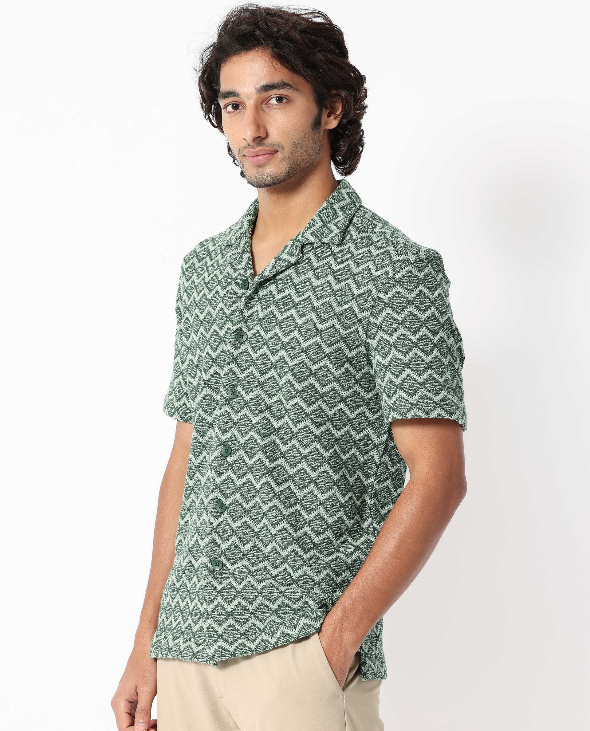 Rare Rabbit Men's Stretch Green Cotton Striped Print Boxy Fit Half Sleeve Cuban Collar Shirt - Image 6