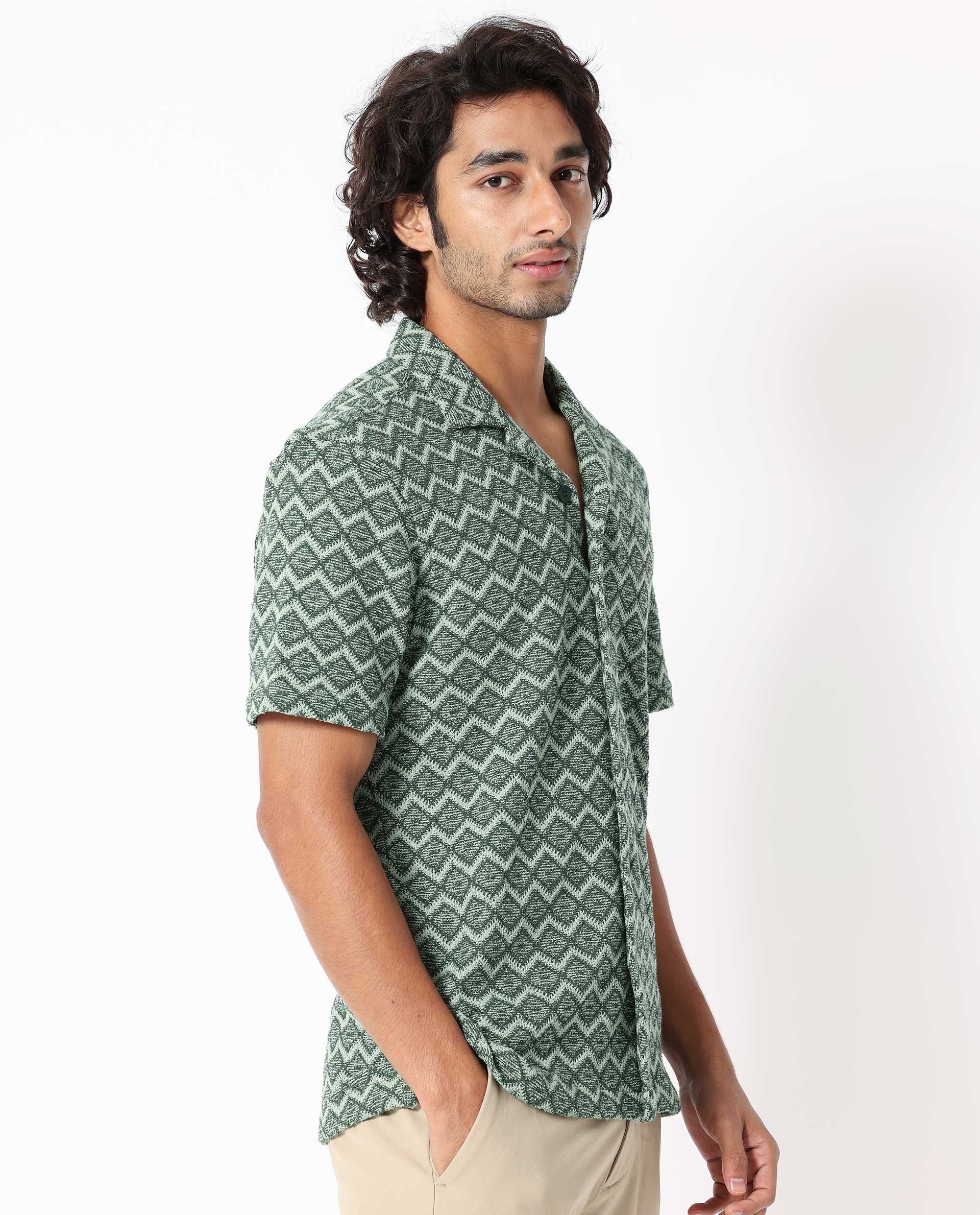 Rare Rabbit Men's Stretch Green Cotton Striped Print Boxy Fit Half Sleeve Cuban Collar Shirt - Image 7