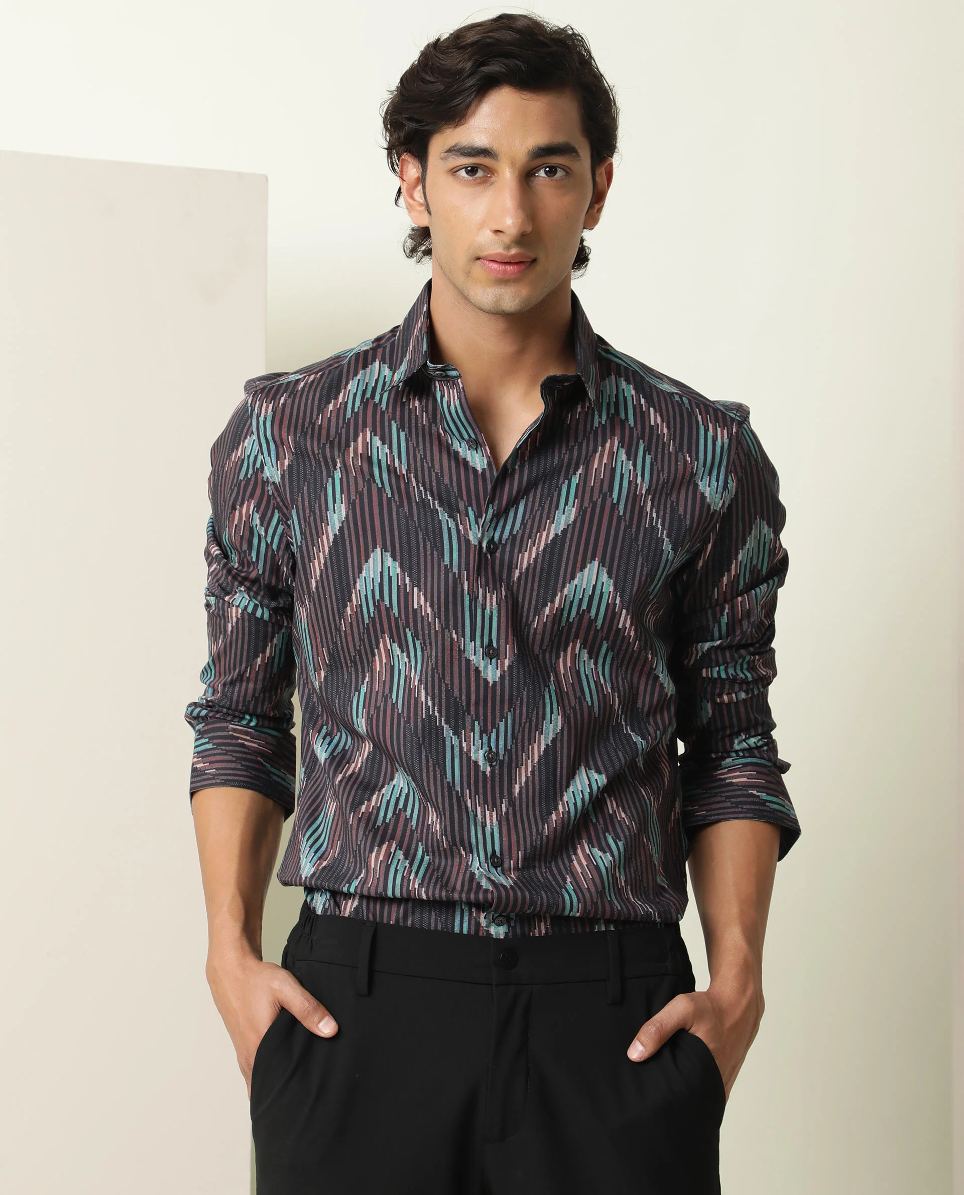 Rare Rabbit Men's Stria Brown Viscose Abstract Print Regular Fit Full Sleeve Collared Shirt - Image 3