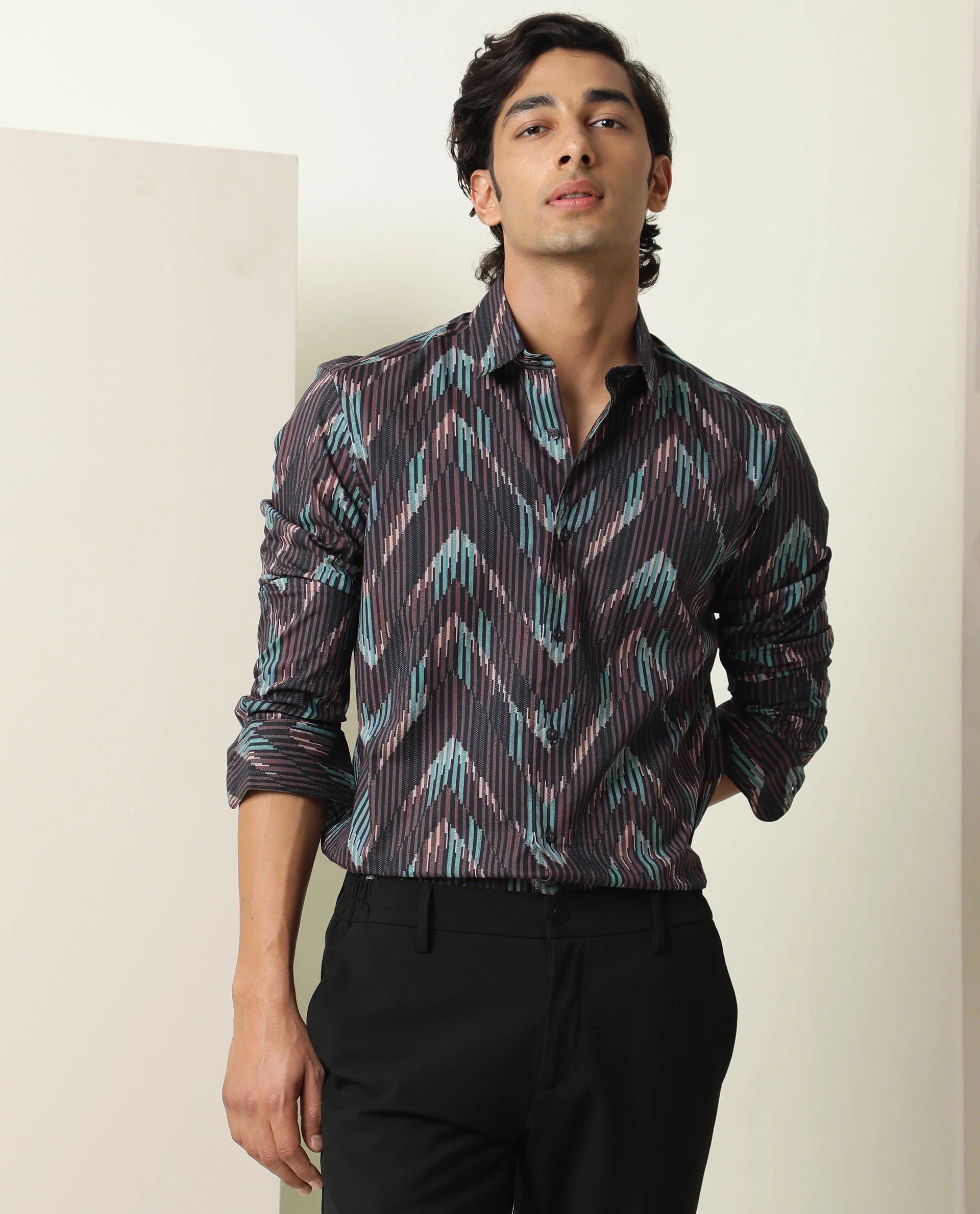 Rare Rabbit Men's Stria Brown Viscose Abstract Print Regular Fit Full Sleeve Collared Shirt - Image 5