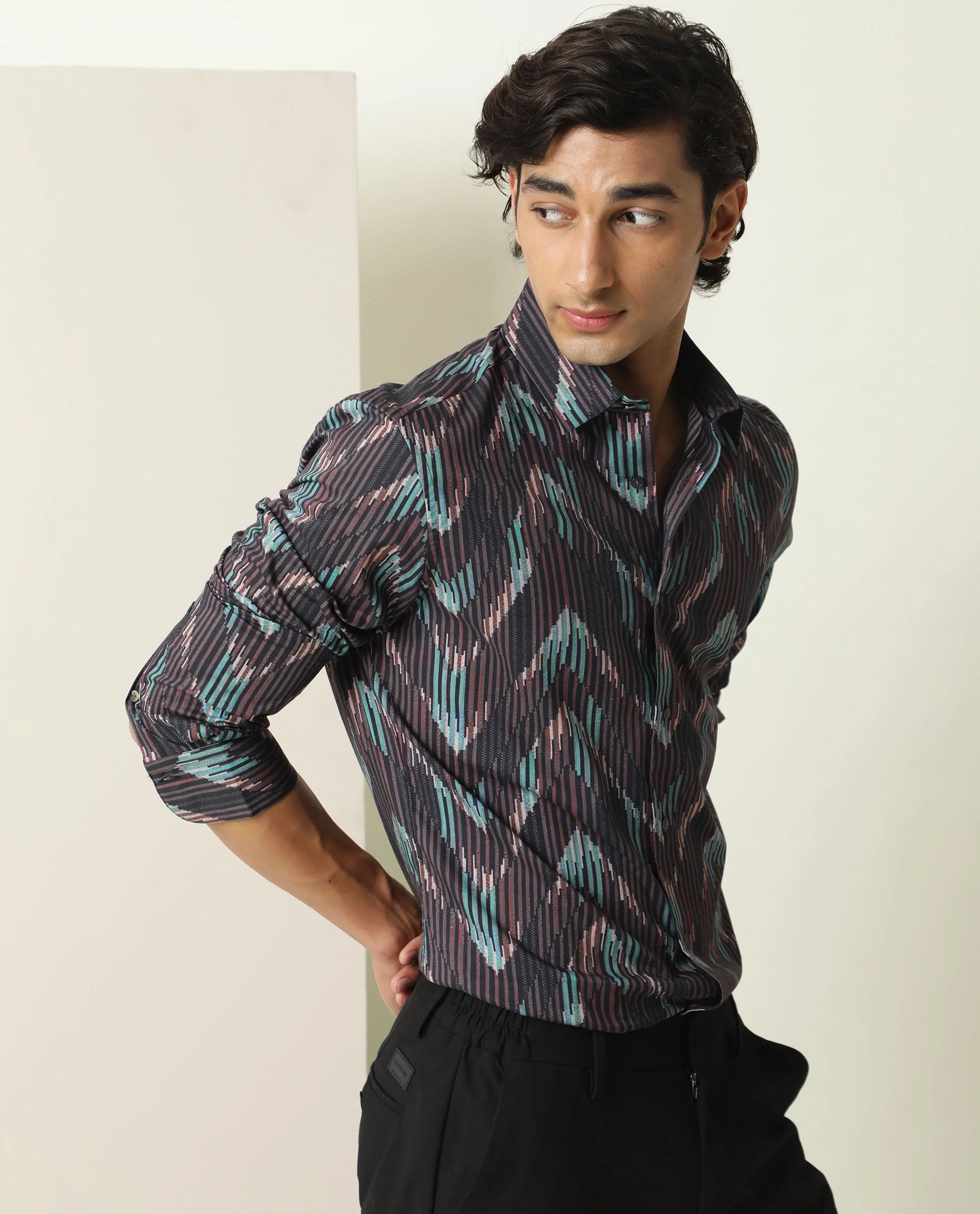 Rare Rabbit Men's Stria Brown Viscose Abstract Print Regular Fit Full Sleeve Collared Shirt - Image 6