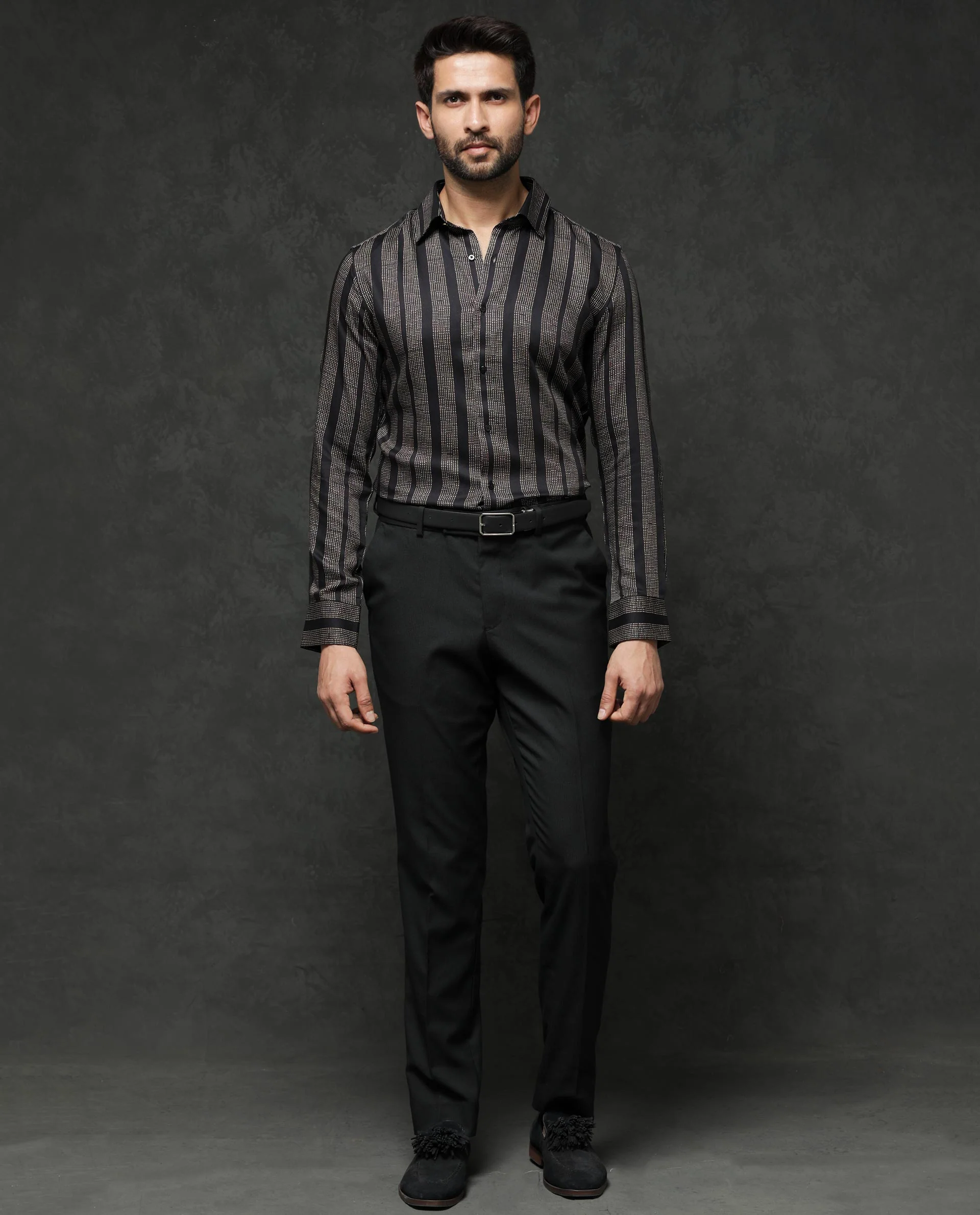 Rare Rabbit Men's Strim Black Viscose Striped Print Regular Fit Full Sleeve Collared Shirt - Image 2