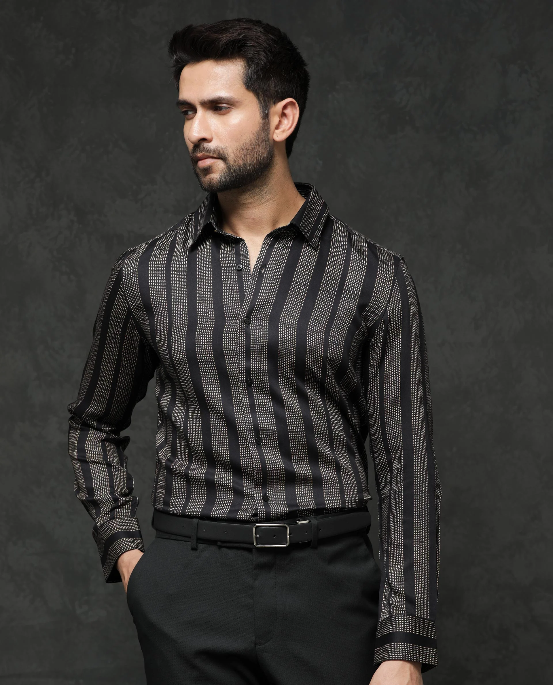 Rare Rabbit Men's Strim Black Viscose Striped Print Regular Fit Full Sleeve Collared Shirt - Image 3