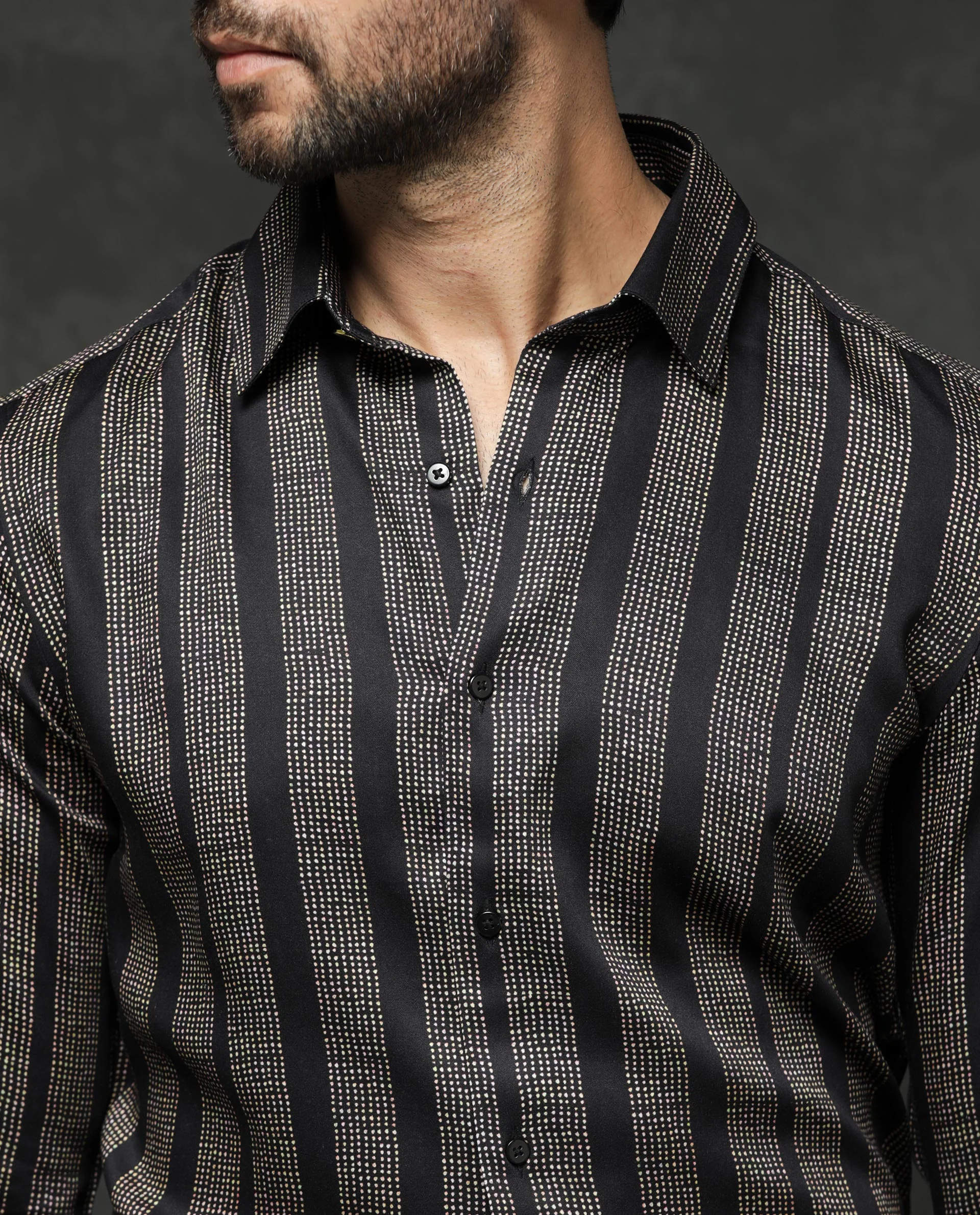 Rare Rabbit Men's Strim Black Viscose Striped Print Regular Fit Full Sleeve Collared Shirt - Image 5