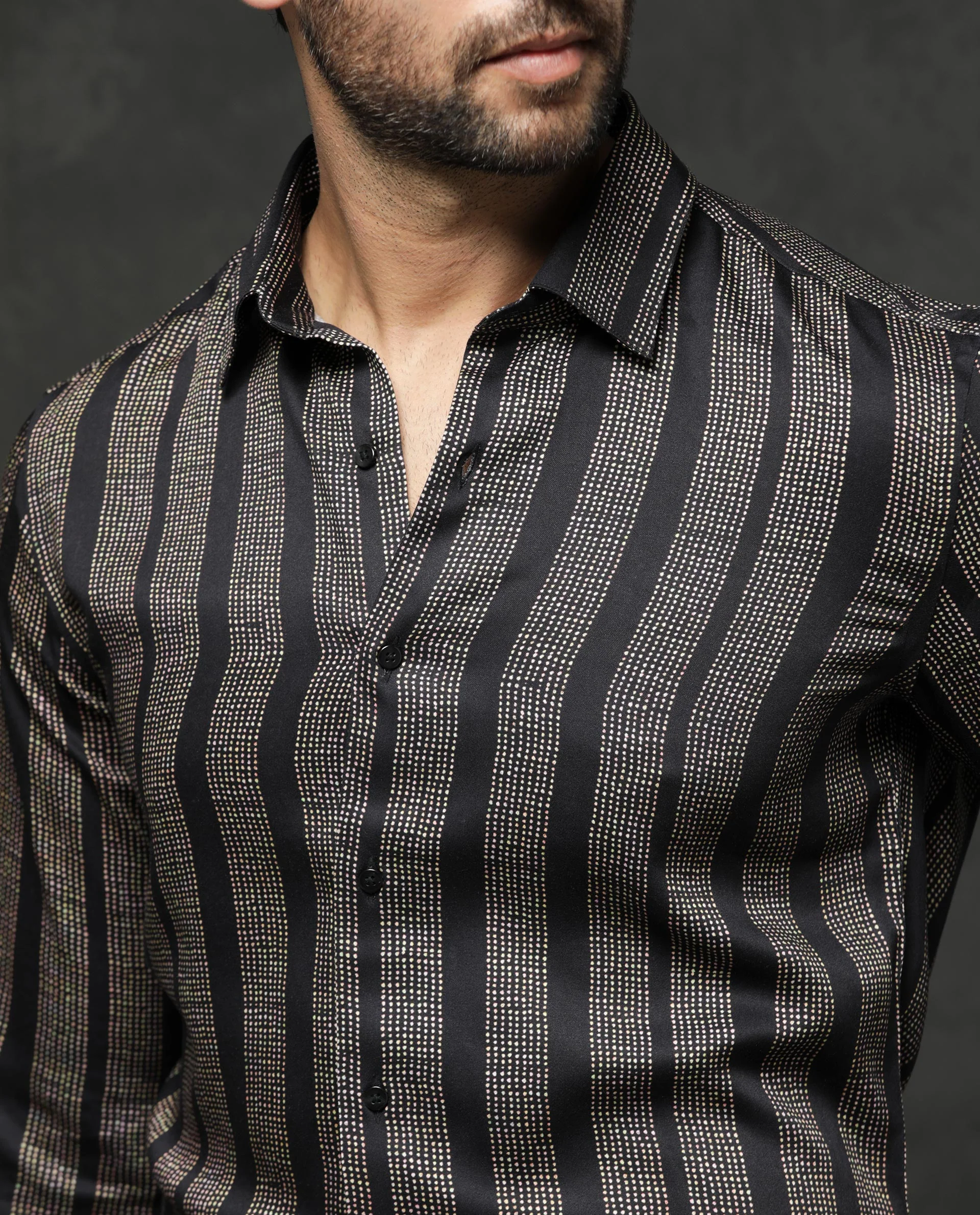 Rare Rabbit Men's Strim Black Viscose Striped Print Regular Fit Full Sleeve Collared Shirt - Image 7