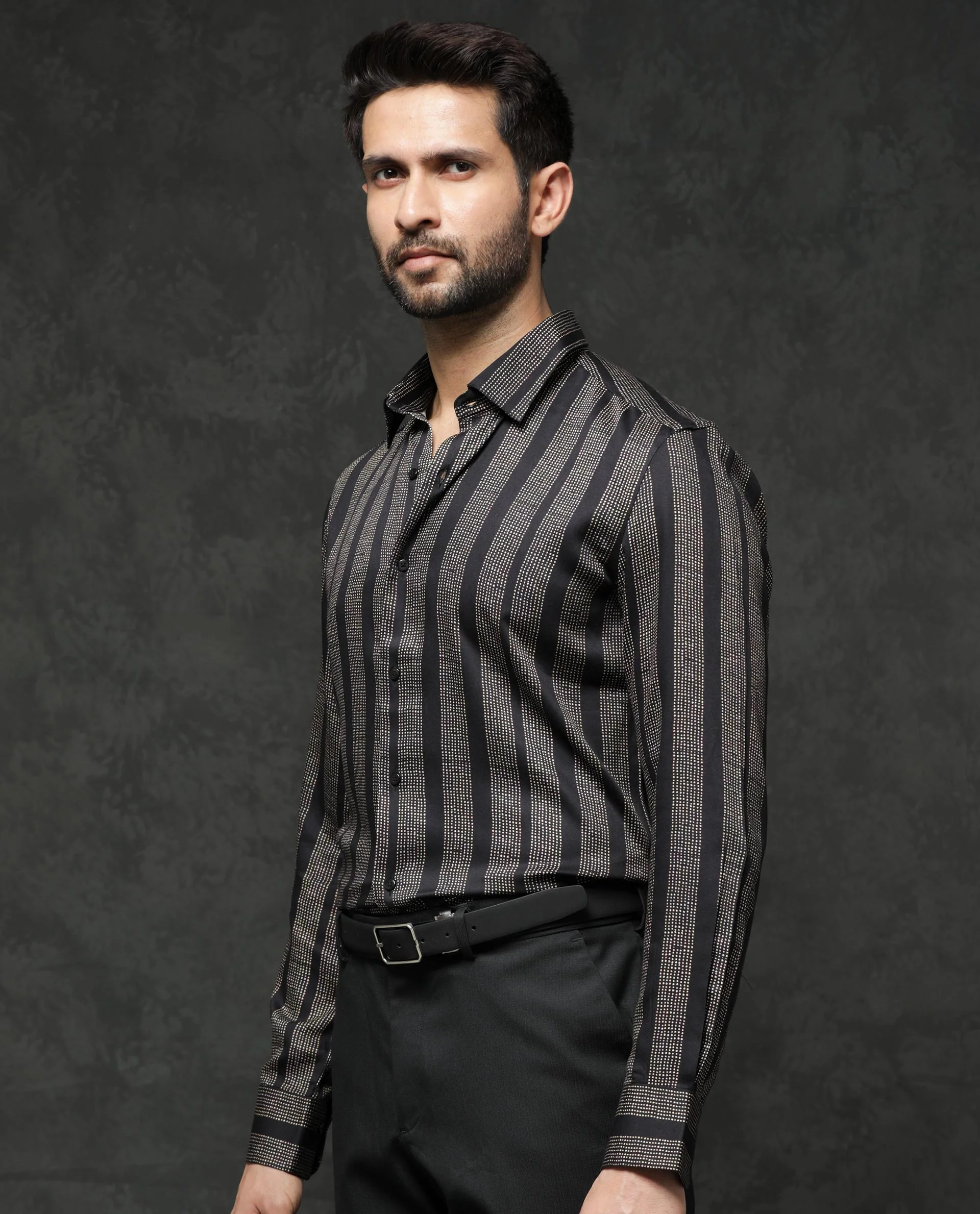 Rare Rabbit Men's Strim Black Viscose Striped Print Regular Fit Full Sleeve Collared Shirt - Image 8