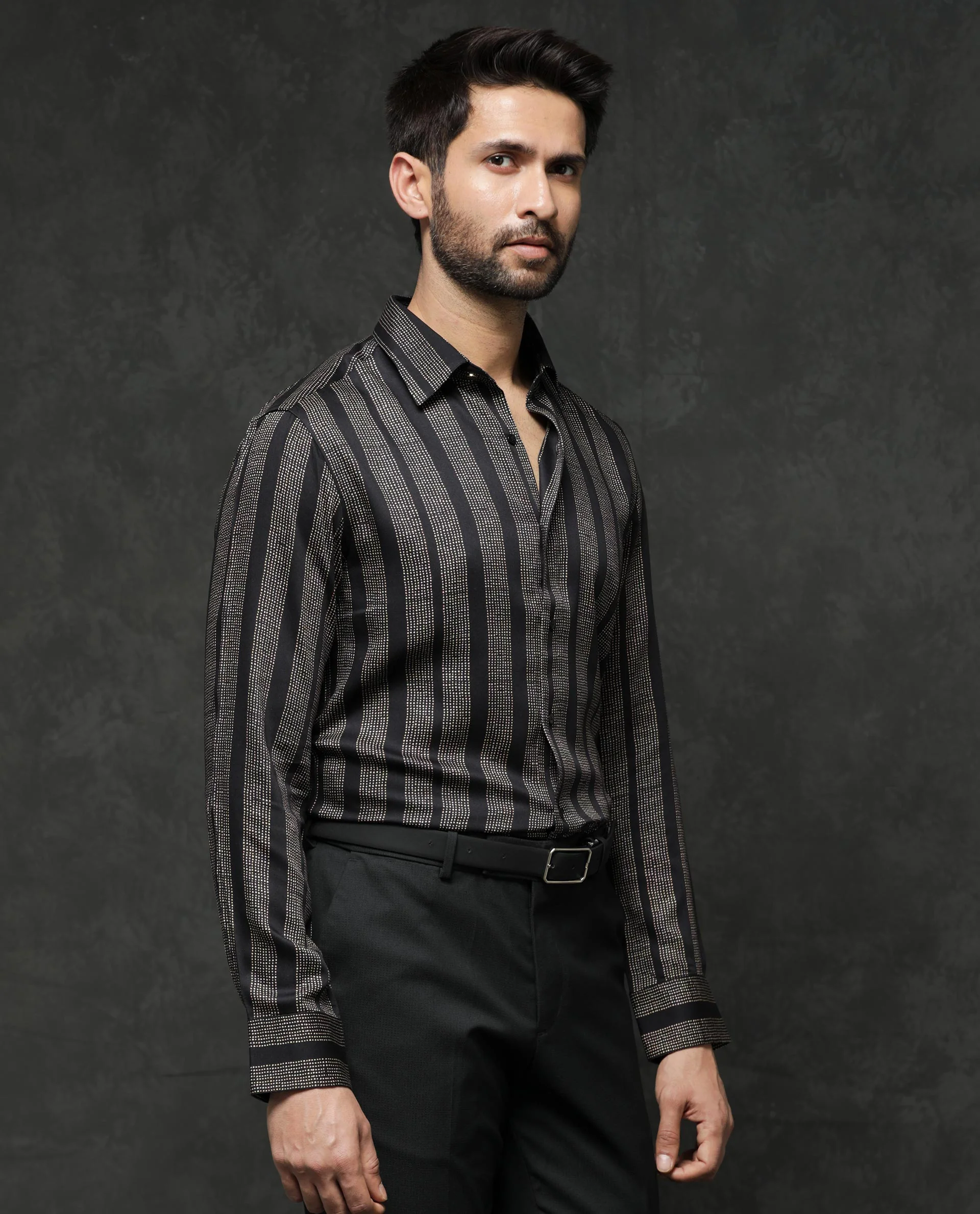 Rare Rabbit Men's Strim Black Viscose Striped Print Regular Fit Full Sleeve Collared Shirt - Image 9