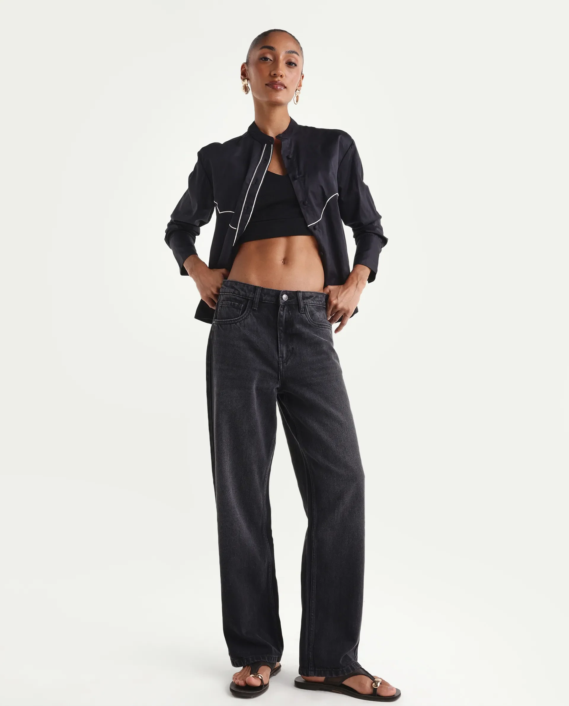 Rareism Women's Strine Black Cotton Straight Fit Plain Jeans - Image 3